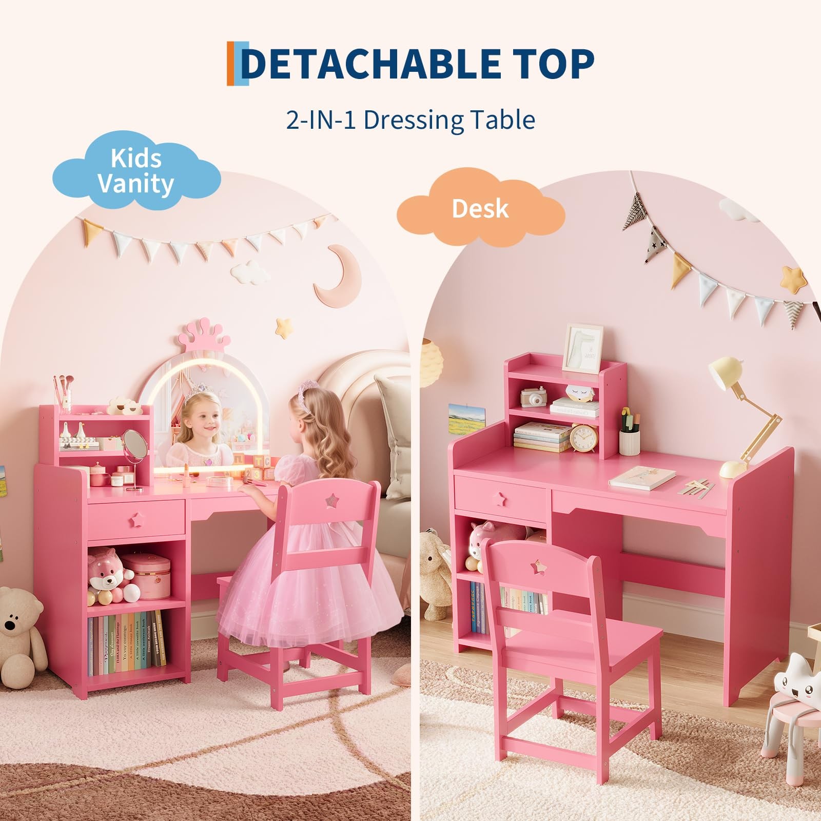 Kids Vanity with Lights 2-in-1 Princess Makeup Table Chair Set Bookshelf Pink