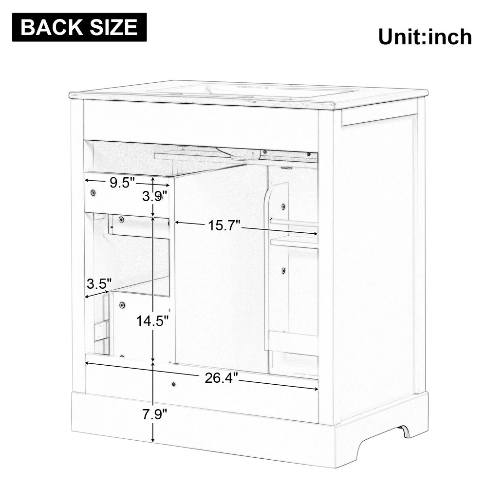 30 Inch White Bathroom Vanity with Ceramic Sink Top Solid Wood MDF Cabinet
