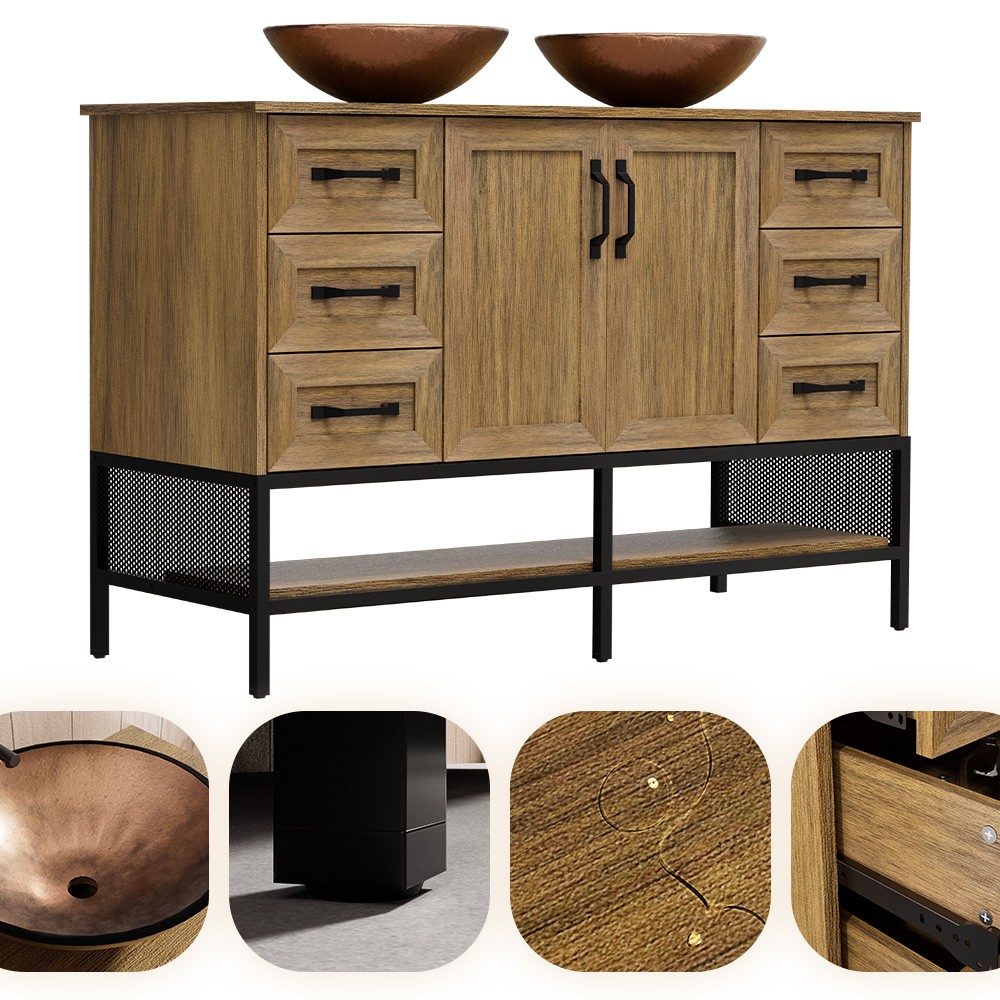 48″ Bathroom Vanity with Vessel Sink Wood Storage Cabinet w/ 2 Doors & 6 Drawers