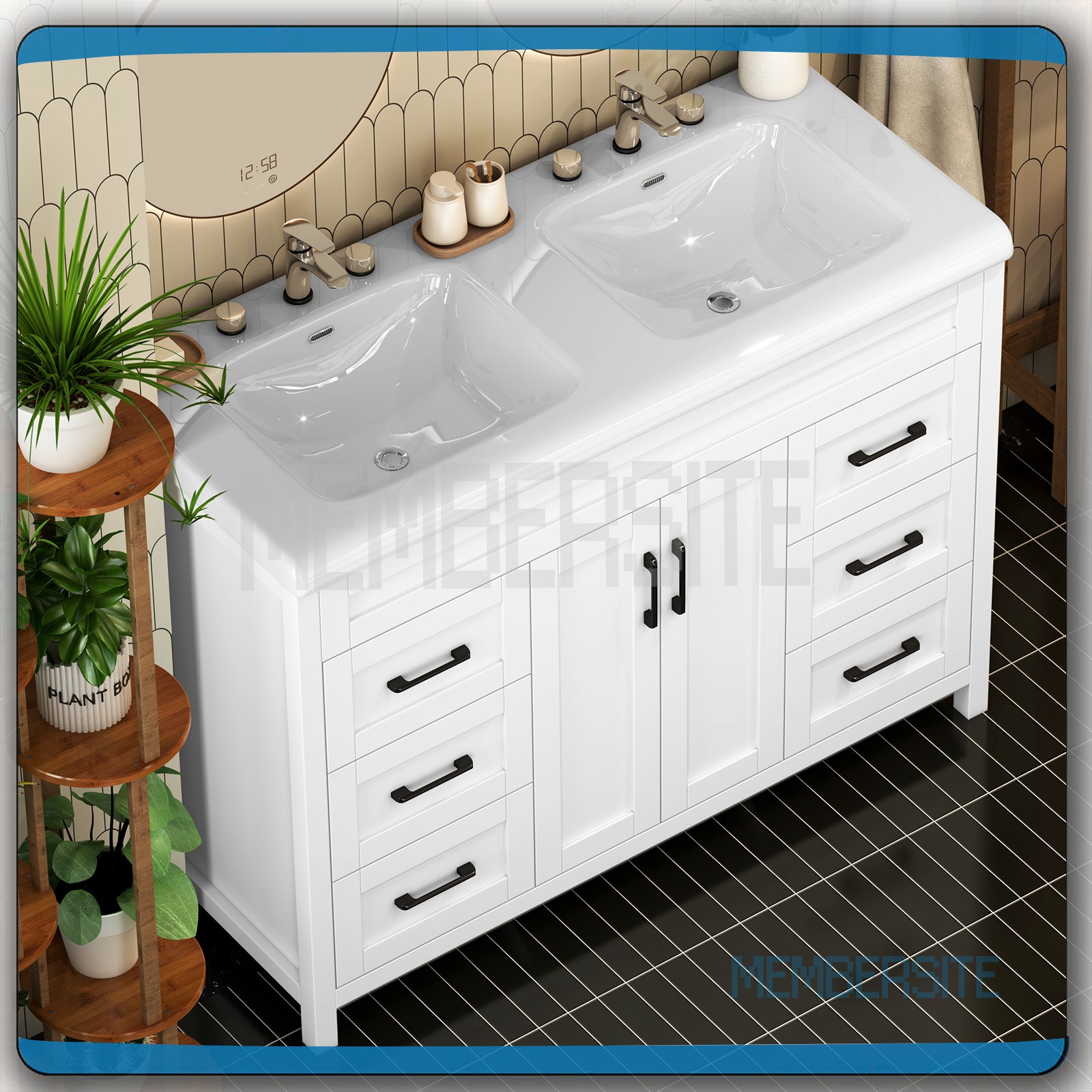 47.3″ Bathroom Vanity Cabinet with Double Sink Ceramic Basin Vanity Freestanding