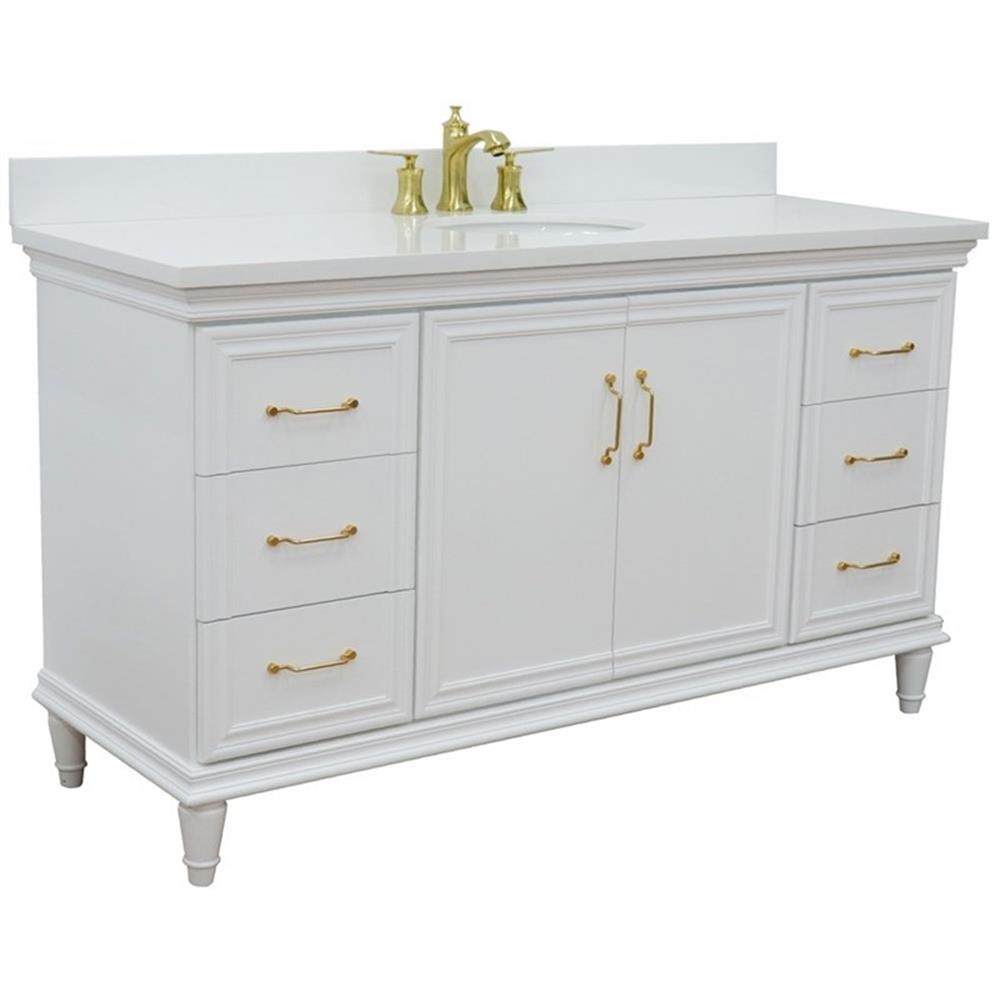61 in. Single Wooden Vanity White with White Quartz Oval Sink
