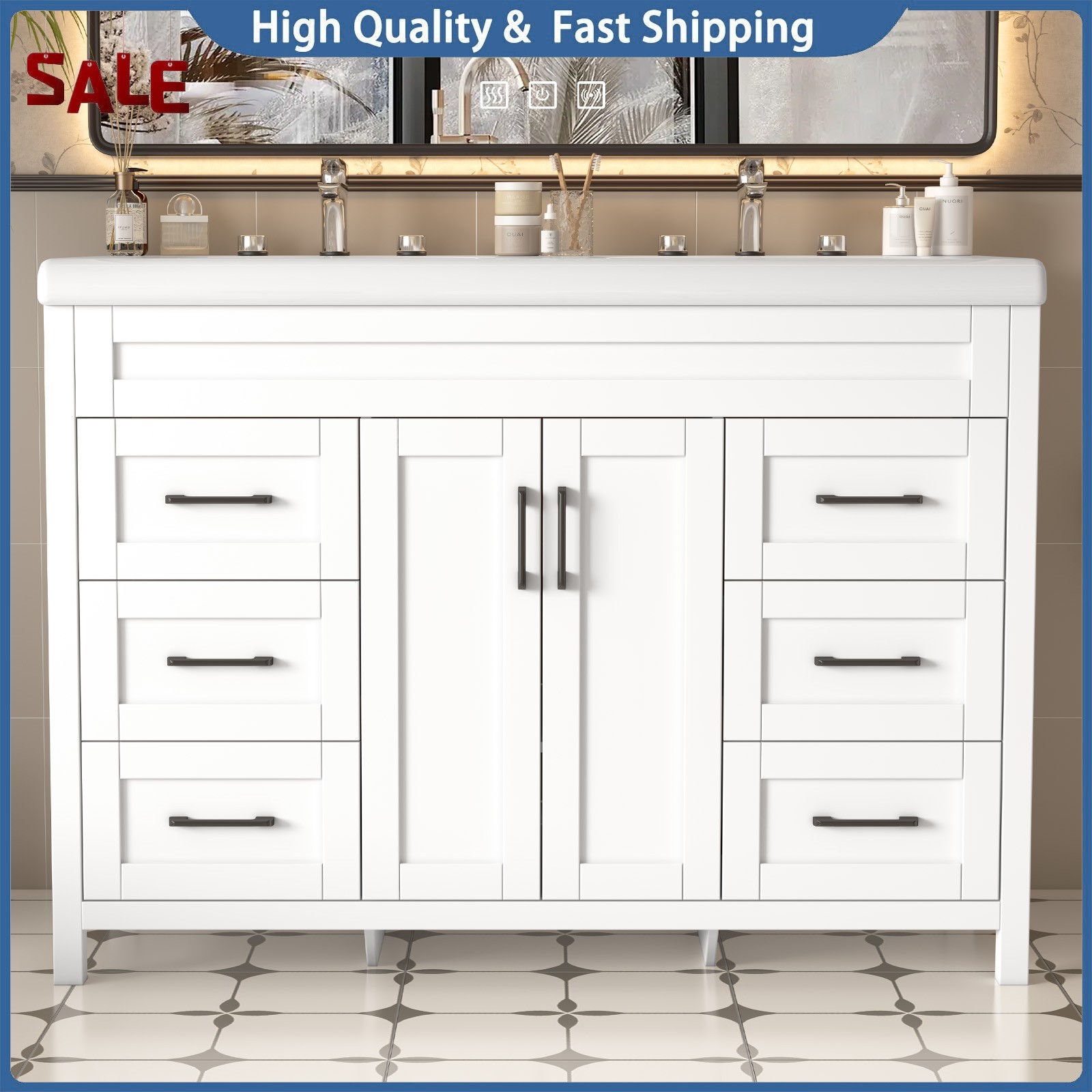 Double Ceramic Sinks Freestanding Drawer Cabinet Modern 47 Inch Bathroom Vanity