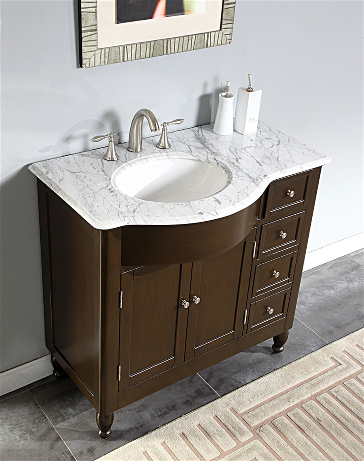 36″ Off Center Bathroom Vanity White Marble Top (Left) Sink Cabinet GD902L