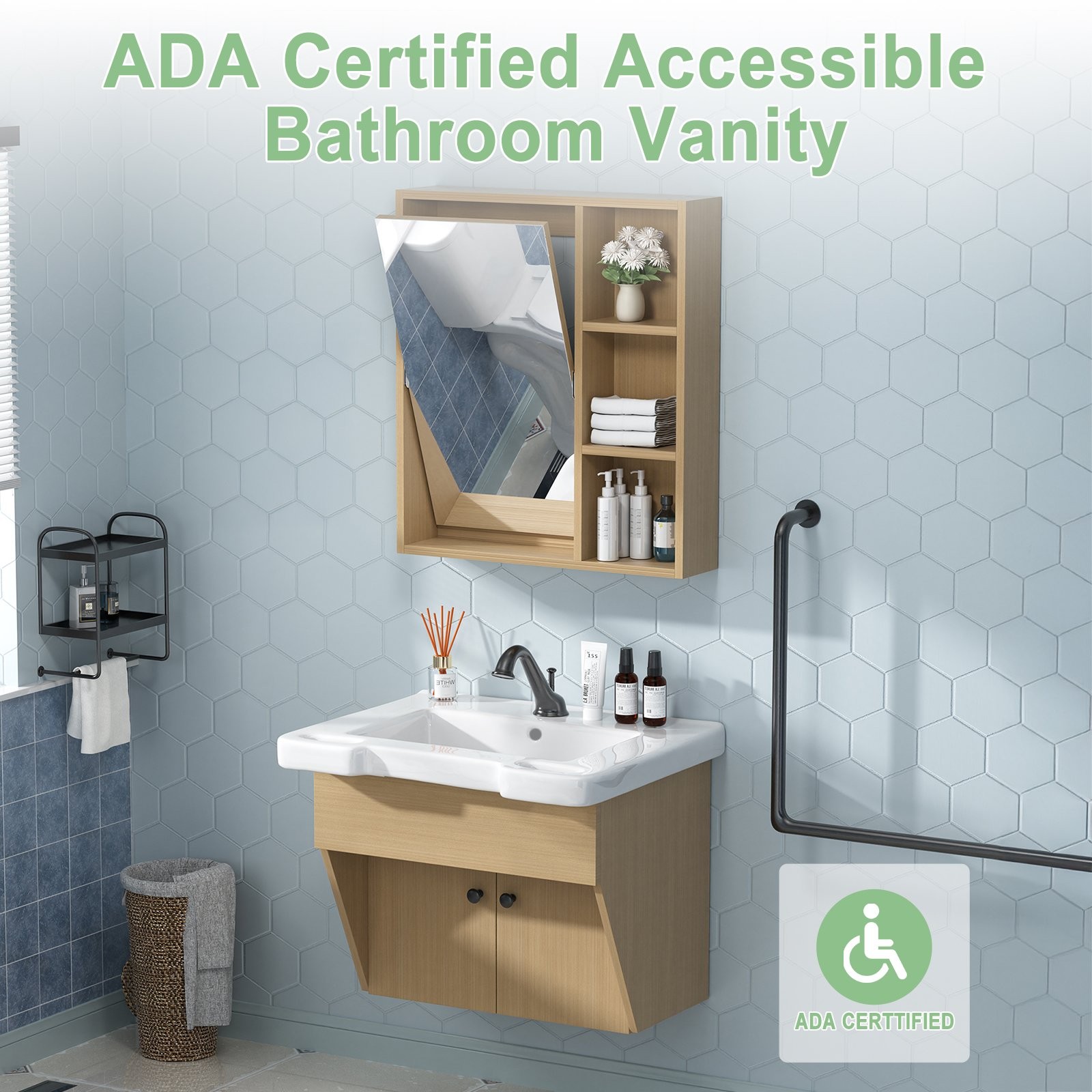 24″ Wall-Mount Small Bathroom Vanity w/ Sink Mirror Cabinet Combo for Elderly