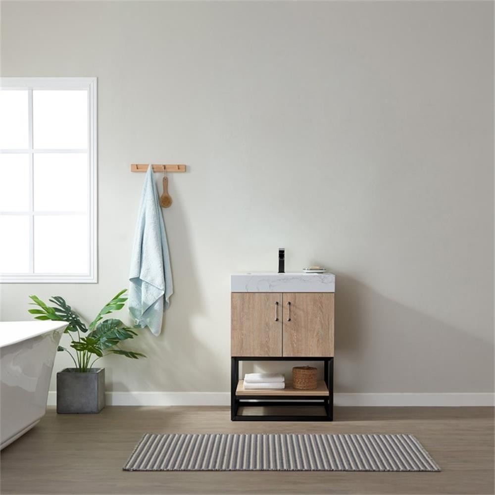 Pemberly Row 24″ White Stone Top Oak Single Vanity Black Frame with o Mirror
