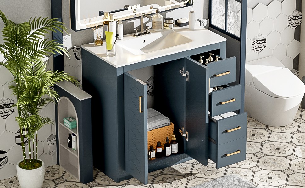 36″ Bathroom Vanity with Ceramic Sink, Solid Wood Frame, 3 Drawers & Doors