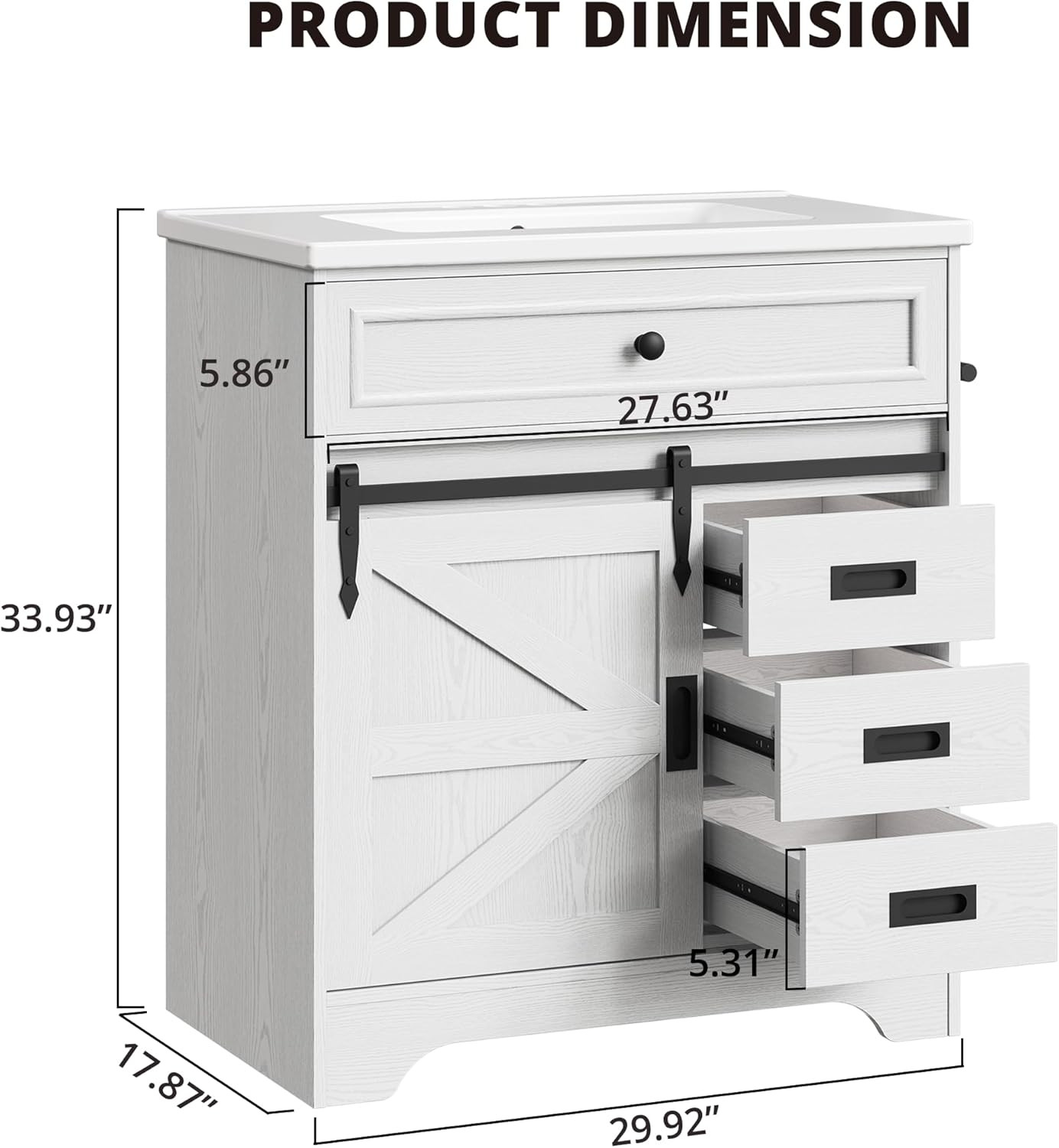 30″ Farmhouse Bathroom Vanity with Sink & Sliding Barn Door, White