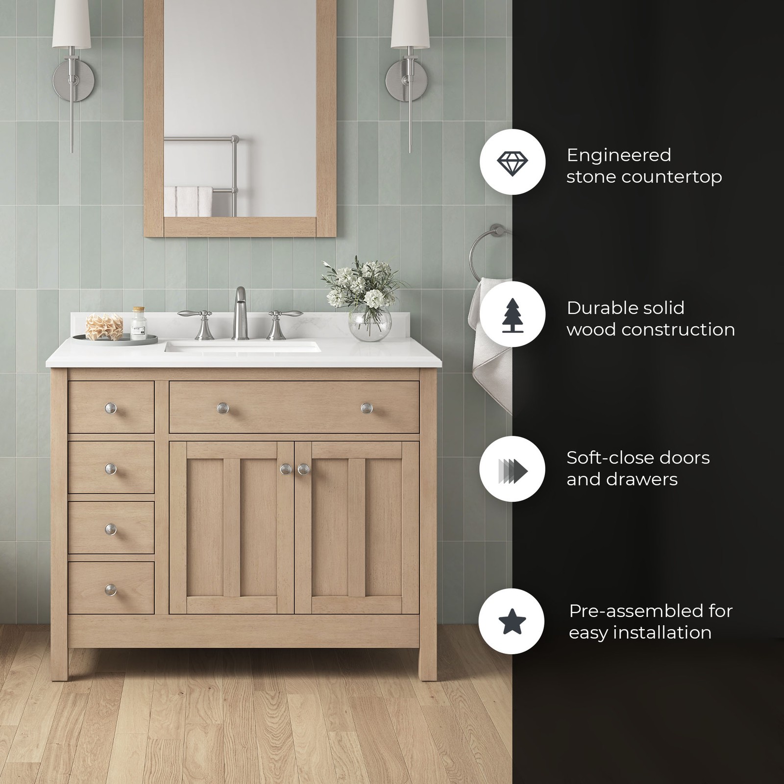 Newcastle 42″ Bathroom Vanity in Sahara Birch with White Countertop