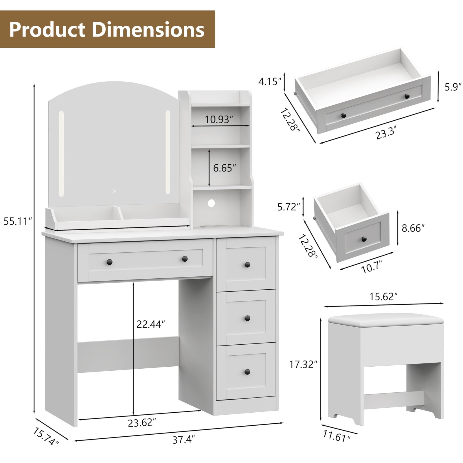App Controlled RGB Vanity Arc Mirror Makeup Table Drawers Chair 3 Modes Outlet