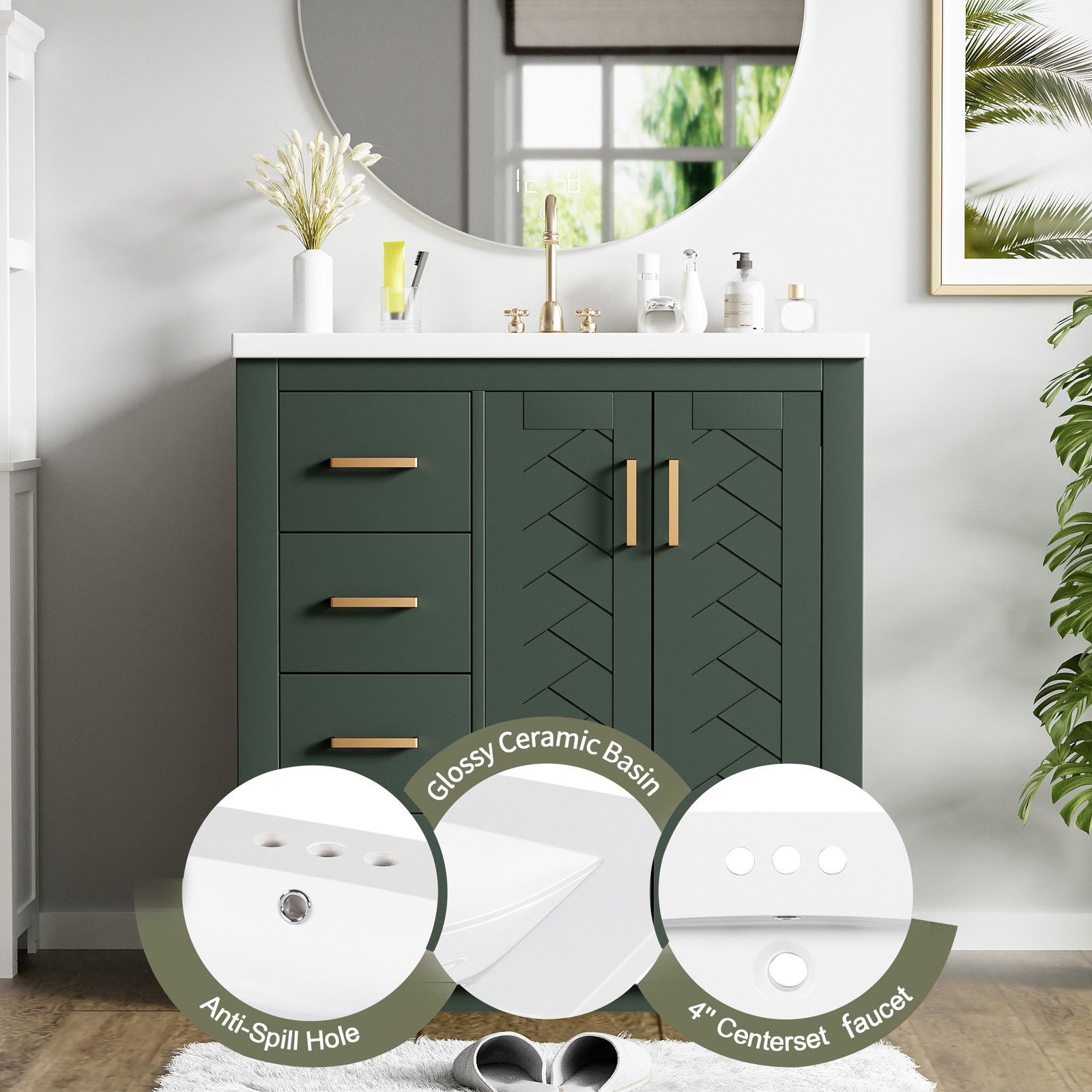 30″ Bathroom Vanity w/Ceramic Sink, 3 Drawers, Freestanding Bath Vanity Cabinet
