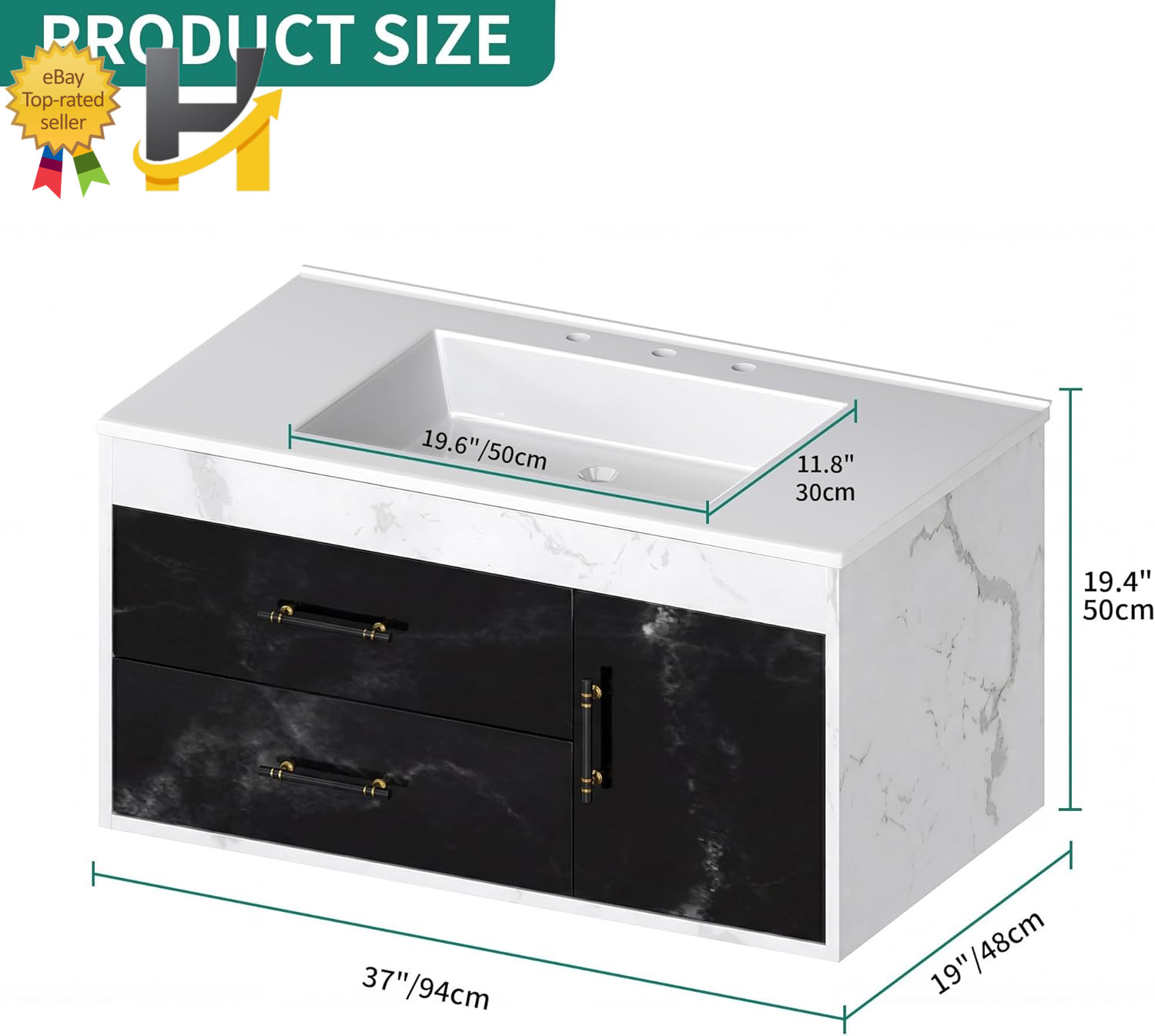 37″ Floating Bathroom Vanity with Sink Wall Mounted Cabinet Black White