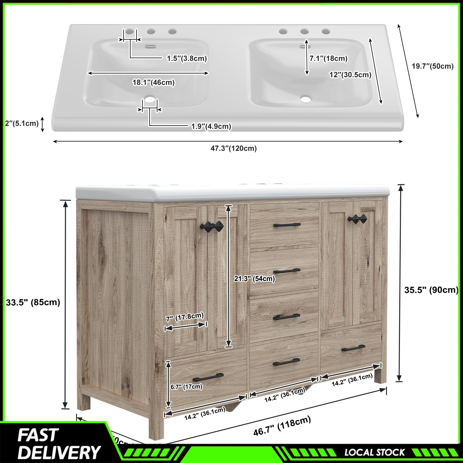 47 Inch Durable Bathroom Vanity Double Ceramic Sinks Cabinet with Doors &Drawers