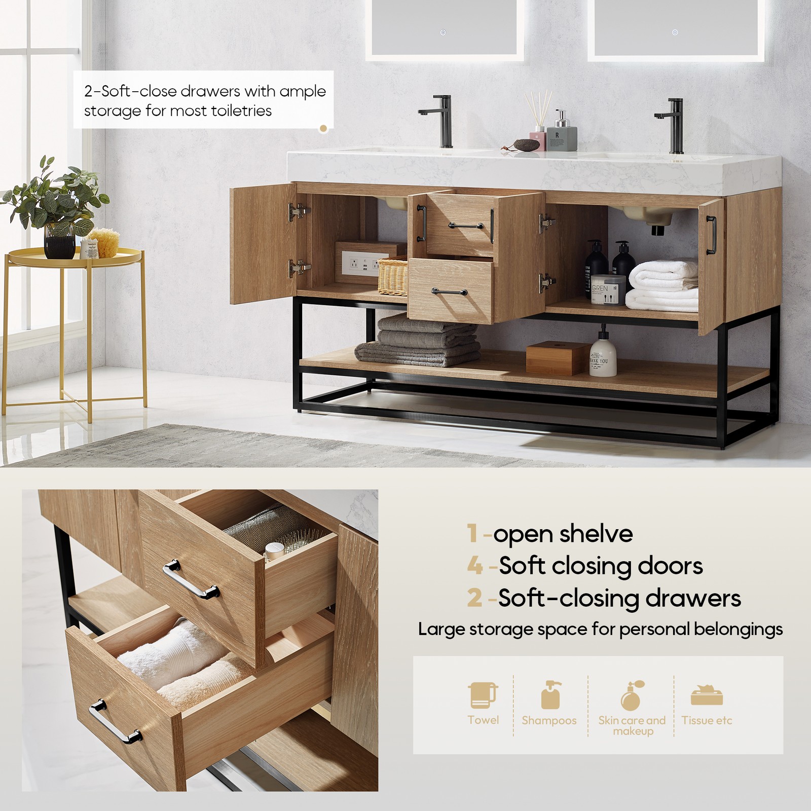 Vinnova Alistair 60″ White Stone Top Oak Double Vanity Black Frame w/o Mirror