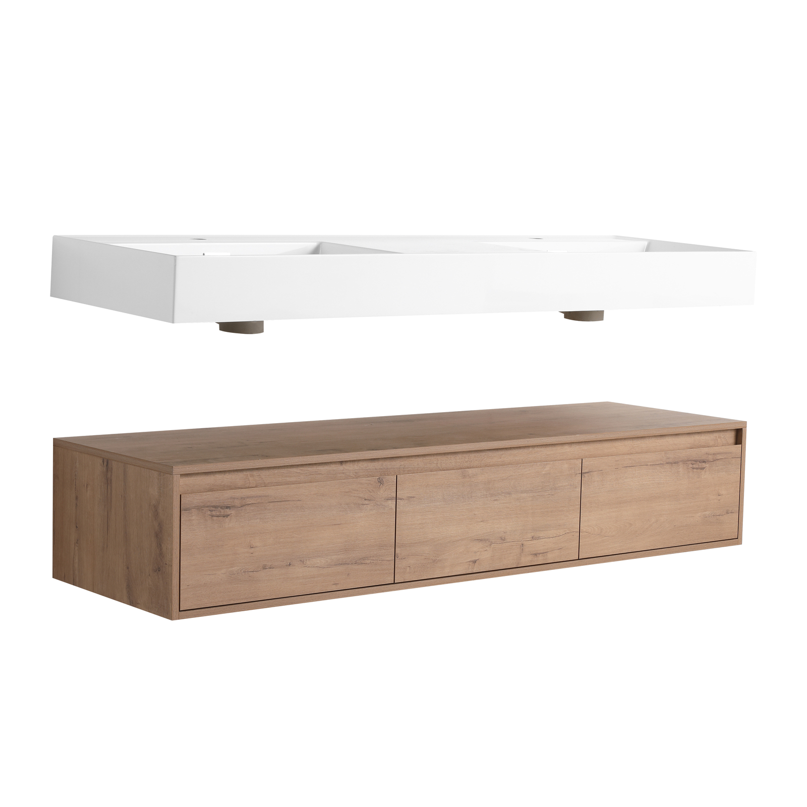 60″ Wood Floating Wall Mounted Bathroom Vanity with Double Resin Sink +3Drawers