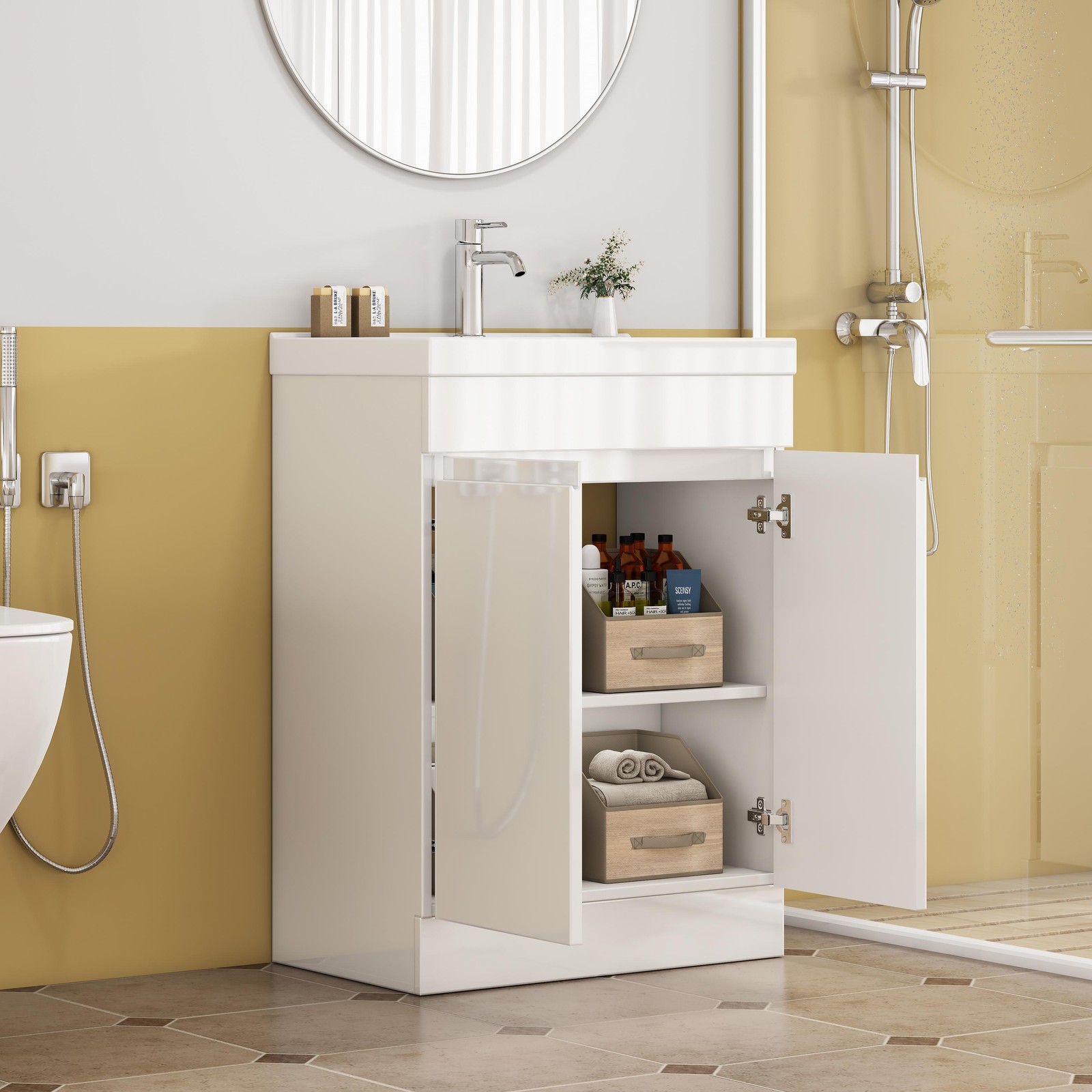 24″ Bathroom Vanity With Sink Combo,2 Doors Bathroom Cabinet, With Shelf White
