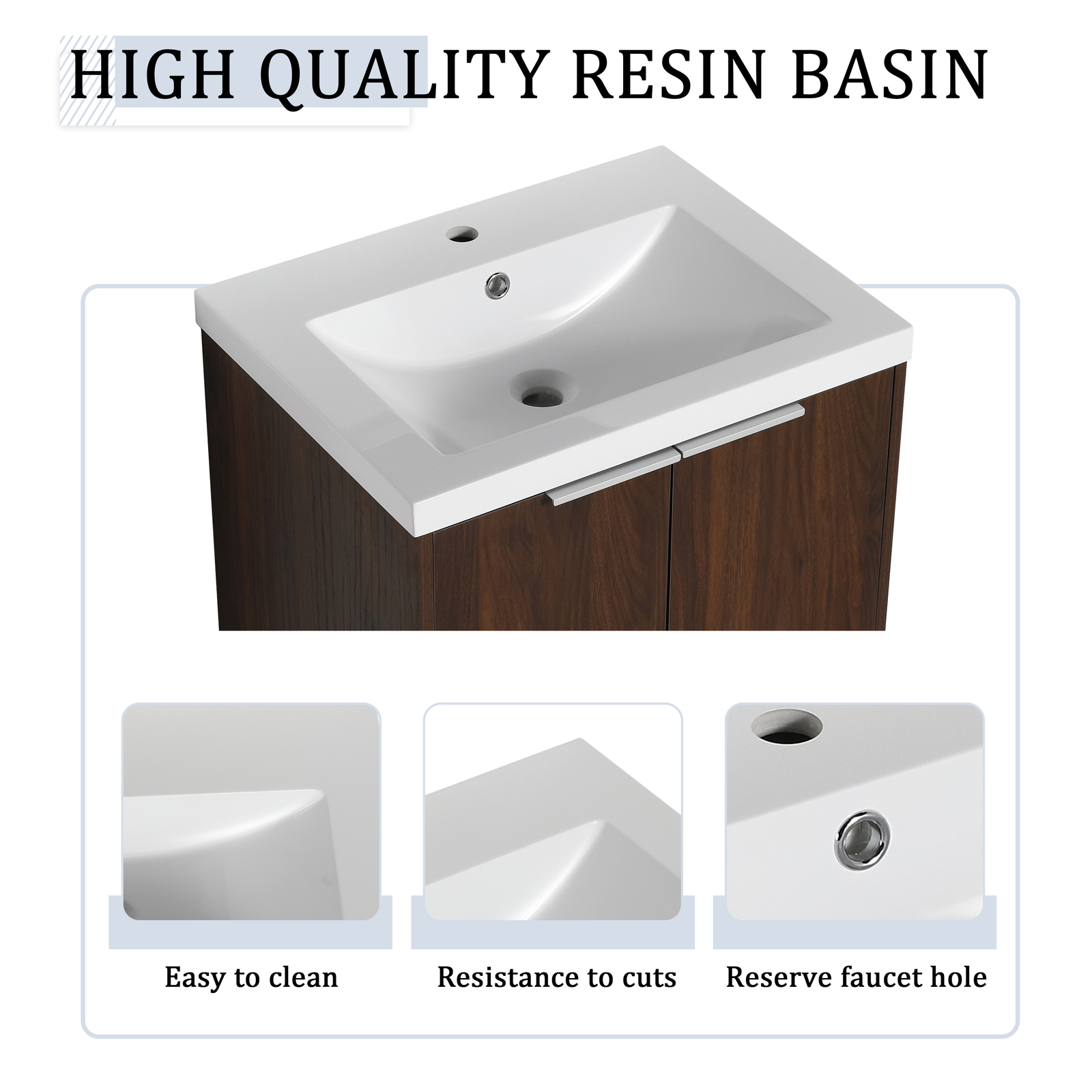 24″Bathroom Vanity Cabinet With Resin Sink + Two 12″Small Storage Shelves Walnut