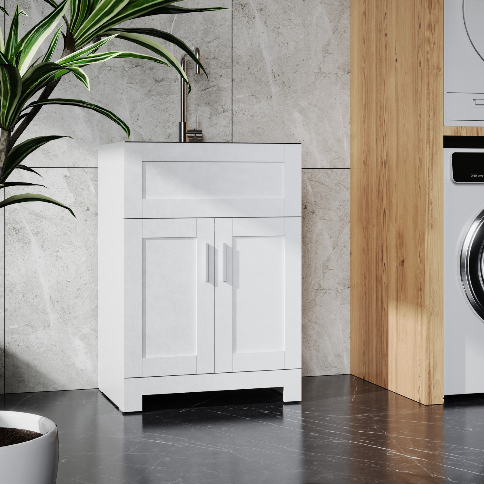 24″ White Laundry Tub Cabinet w/ Stainless Steel Sink & Faucet