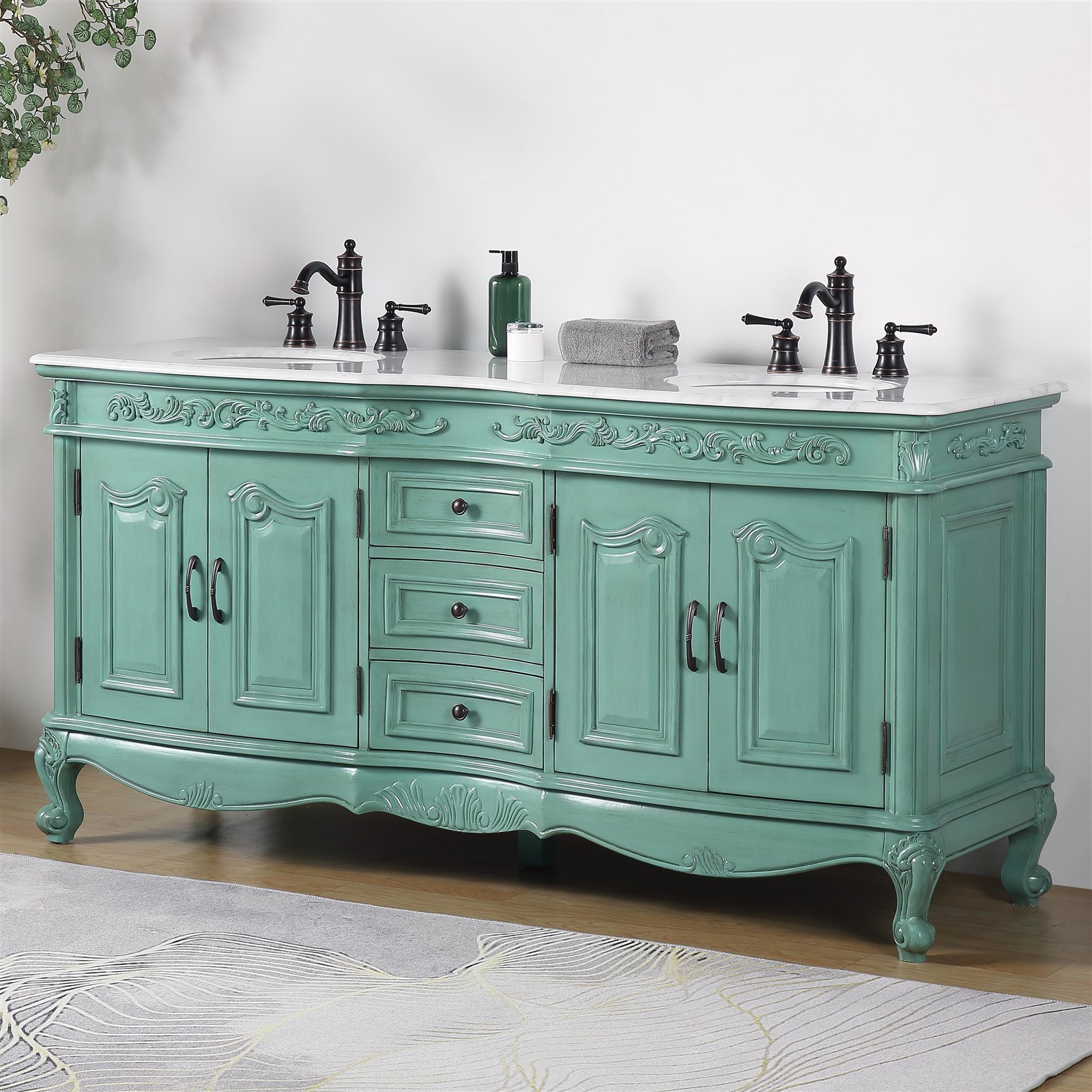 72″ Double Sink Vanity Carrara White Marble Top Bathroom Vintage Green Cabinet