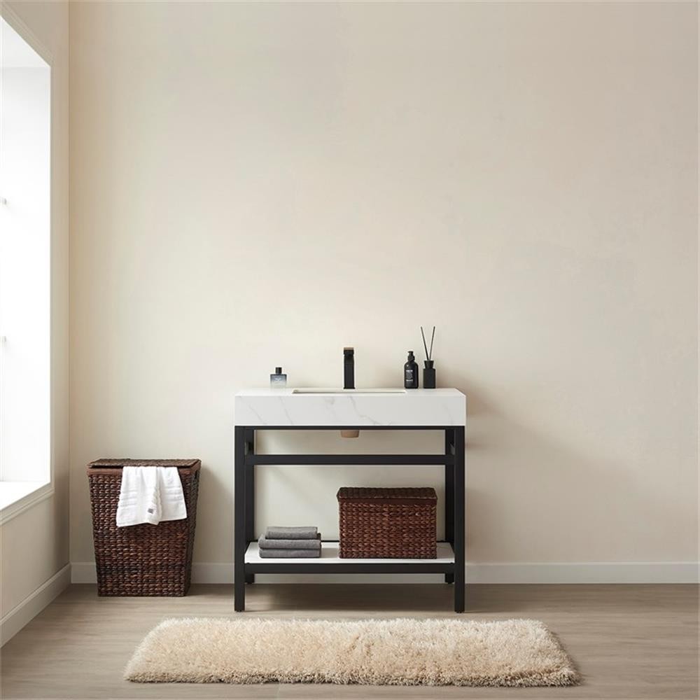 Funes 36″ Single Sink Bathroom Vanity in Matte Black Frame White Top No Mirror