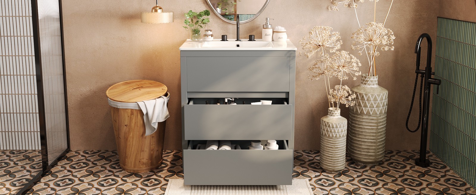 30″ Bathroom Vanity with Ceramic Sink & 2 Drawers, Gray