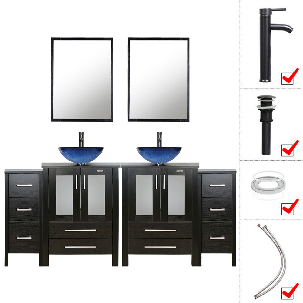 72″ Black Bathroom Vanity Set Cabinet Vessel Glass/Ceramic Sink Combo No Mirror