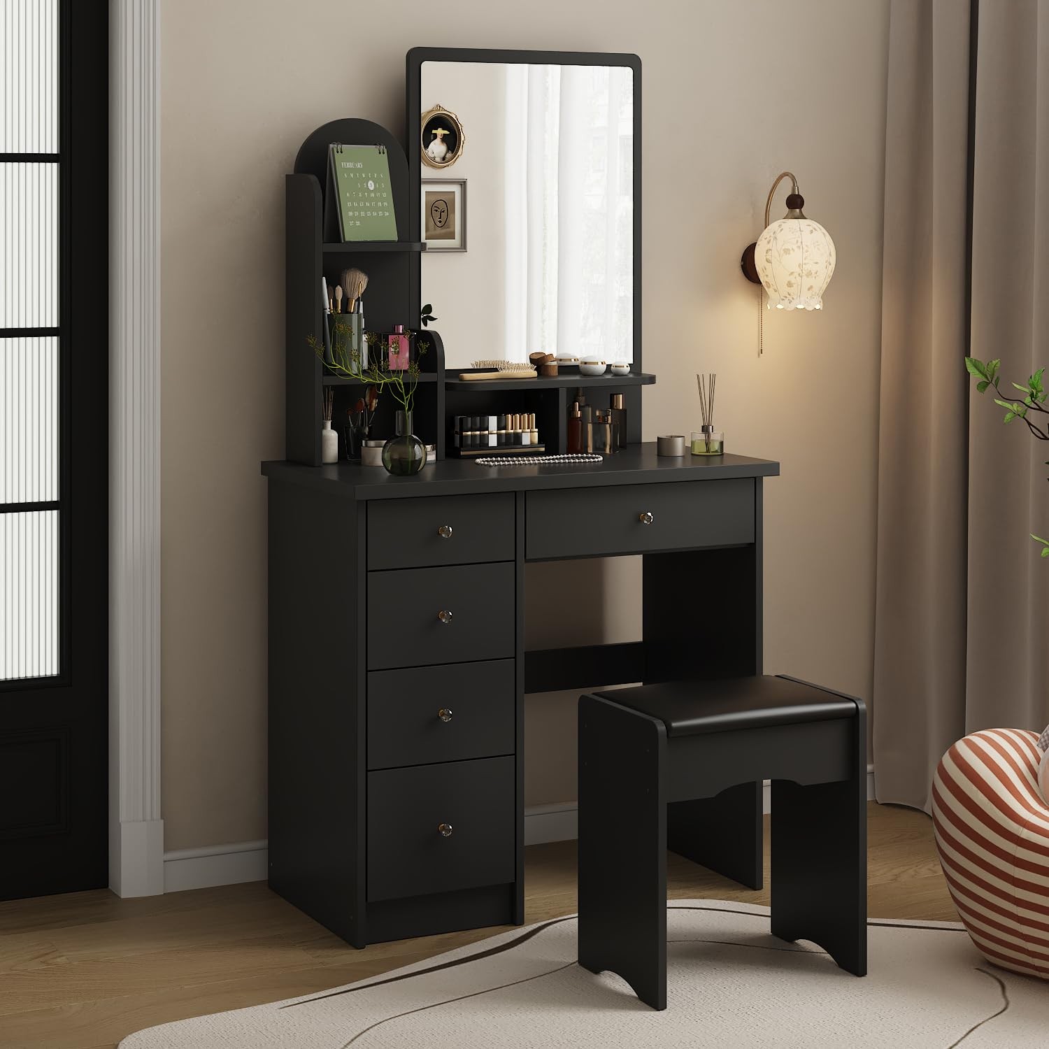 Black Vanity Set with Mirror 5 Drawers Shelves Cushioned Stool