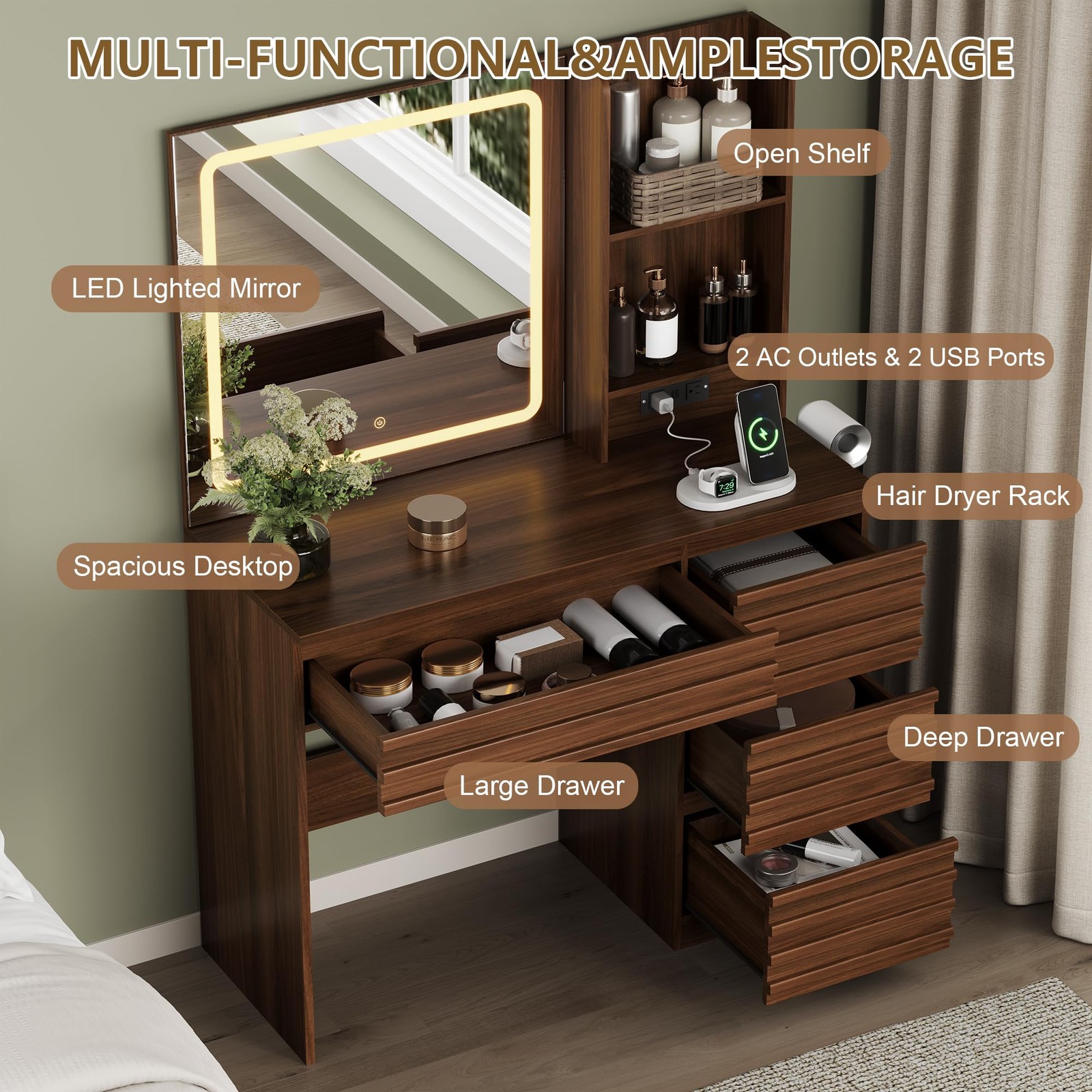 Makeup Vanity Desk with LED Lighted Mirror Fluted 4 Drawers Power Outlet Walnut
