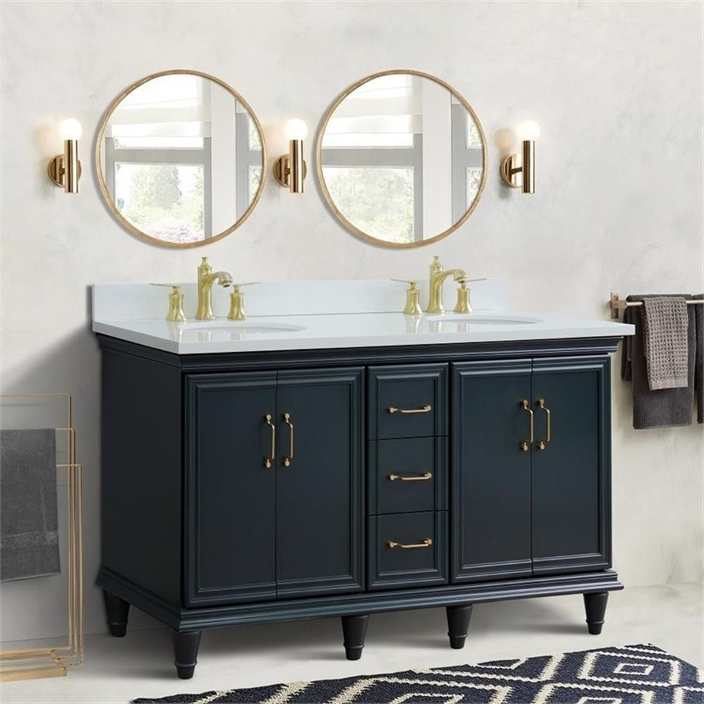 61 in. Double Wooden Vanity Dark Gray White Quartz Oval Sink