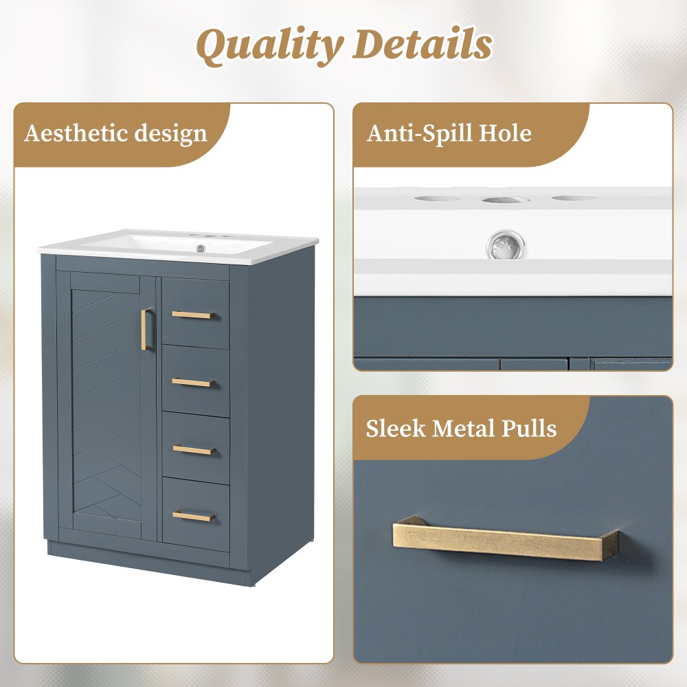24in Bathroom Vanity Integrated Ceramic Sink 1 Door 3 Drawers