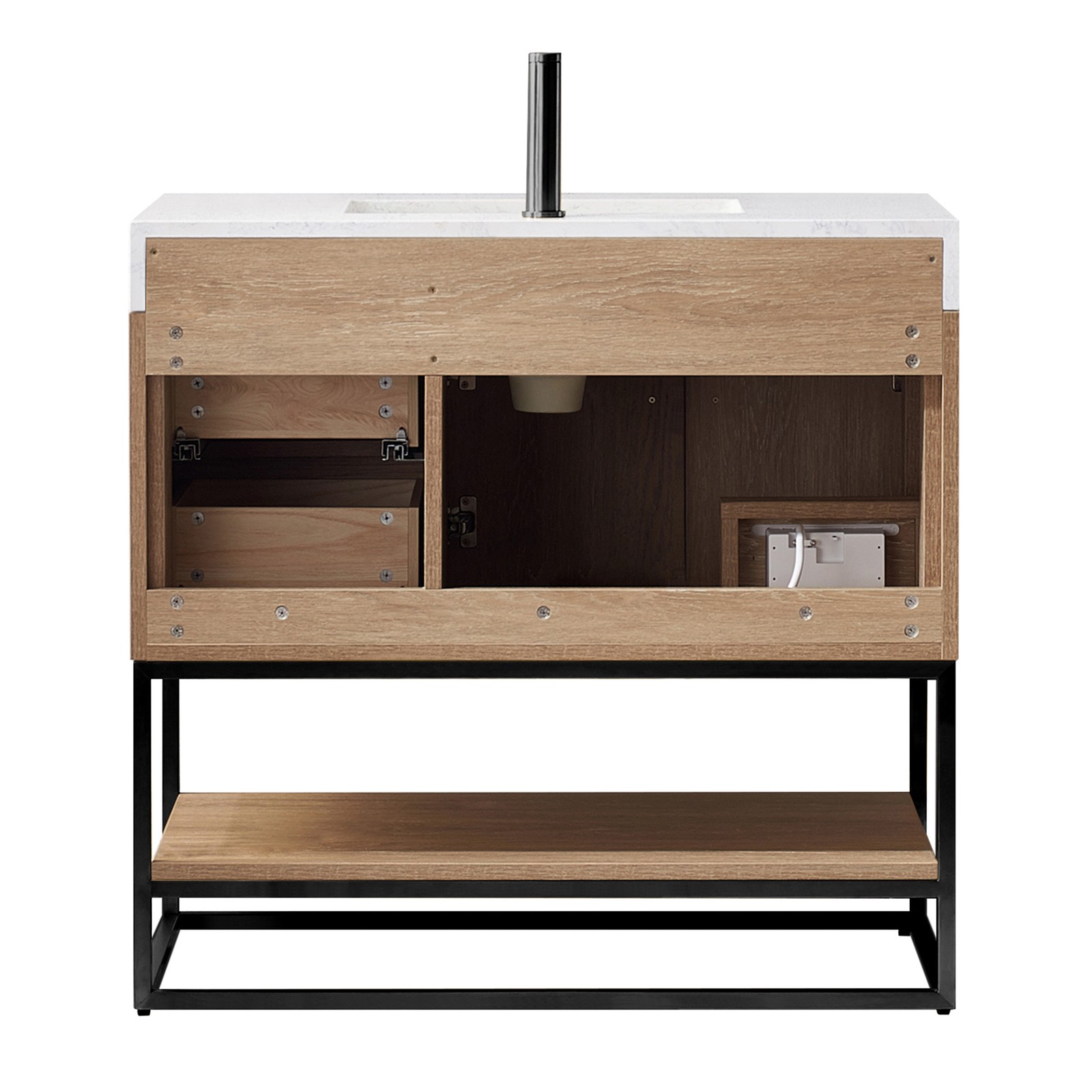 Vinnova Alistair 36″ White Stone Top Oak Single Vanity Black Frame w/o Mirror