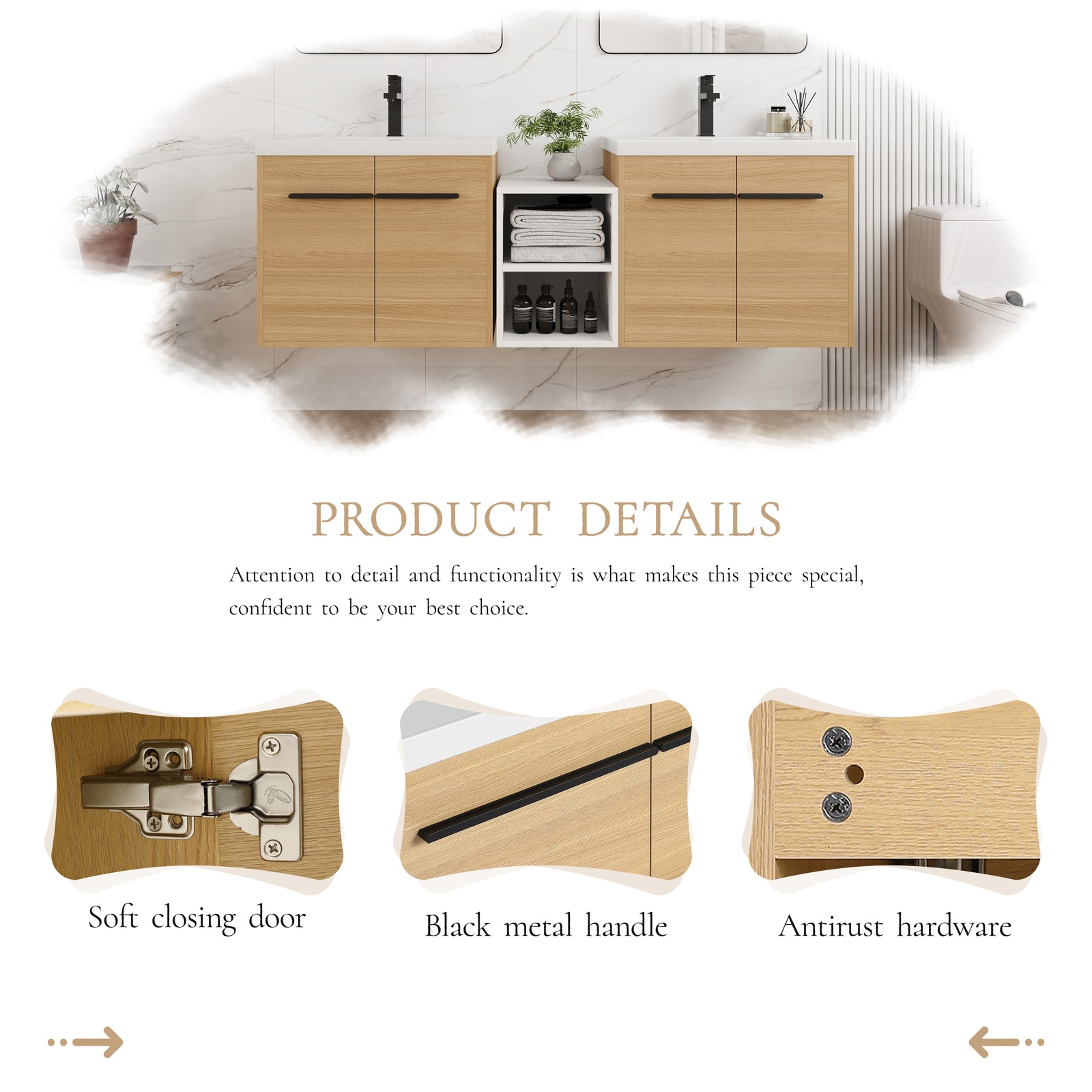 60 Inch Wall Mounted Bathroom Vanity with Resin Sink, 4 Doors & Shelves
