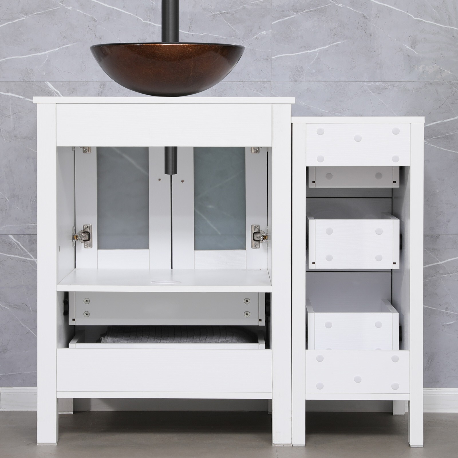 36″ White Bathroom Vanity Set Vessel Glass Sink Cabinet Small Combo No Mirror