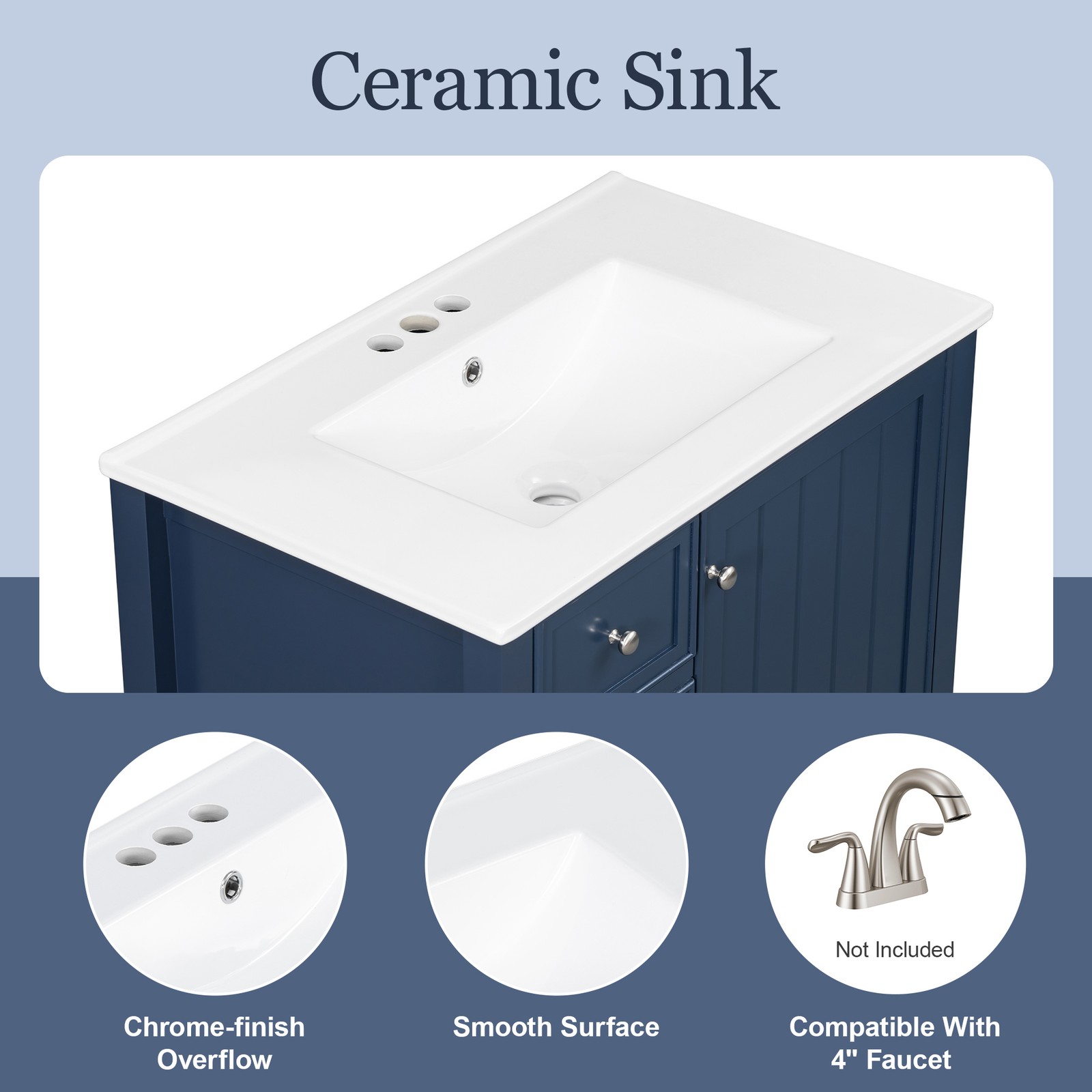 30″ Blue Bathroom Vanity with Sink, 1 Cabinet & 3 Drawers, Solid Wood & MDF