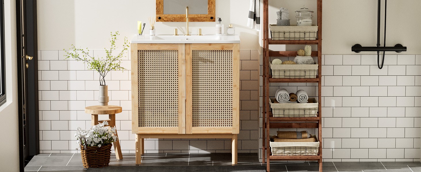 30″ Bathroom Vanity with Rattan Doors, Ceramic Basin, Soft-Close