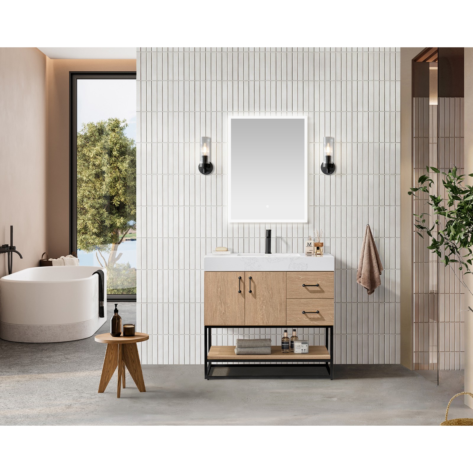 Vinnova Alistair 36″ White Stone Top Oak Single Vanity Black Frame w/o Mirror
