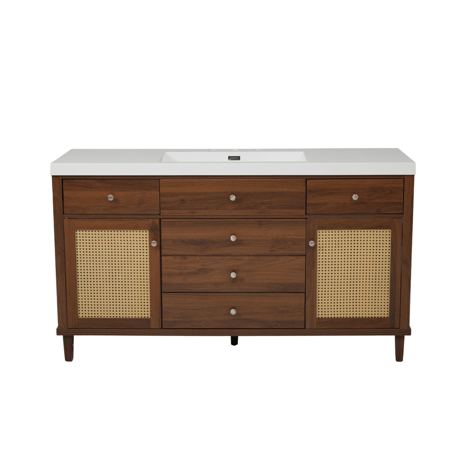60″ Bathroom Vanity with SMC Sink, Brown, Soft Close Drawers & Rattan Doors