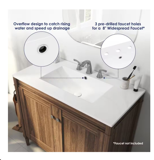 Tucson 36″ W x 18″ D Single Sink Vanity Top White Widespread 8″ NEW (36F)