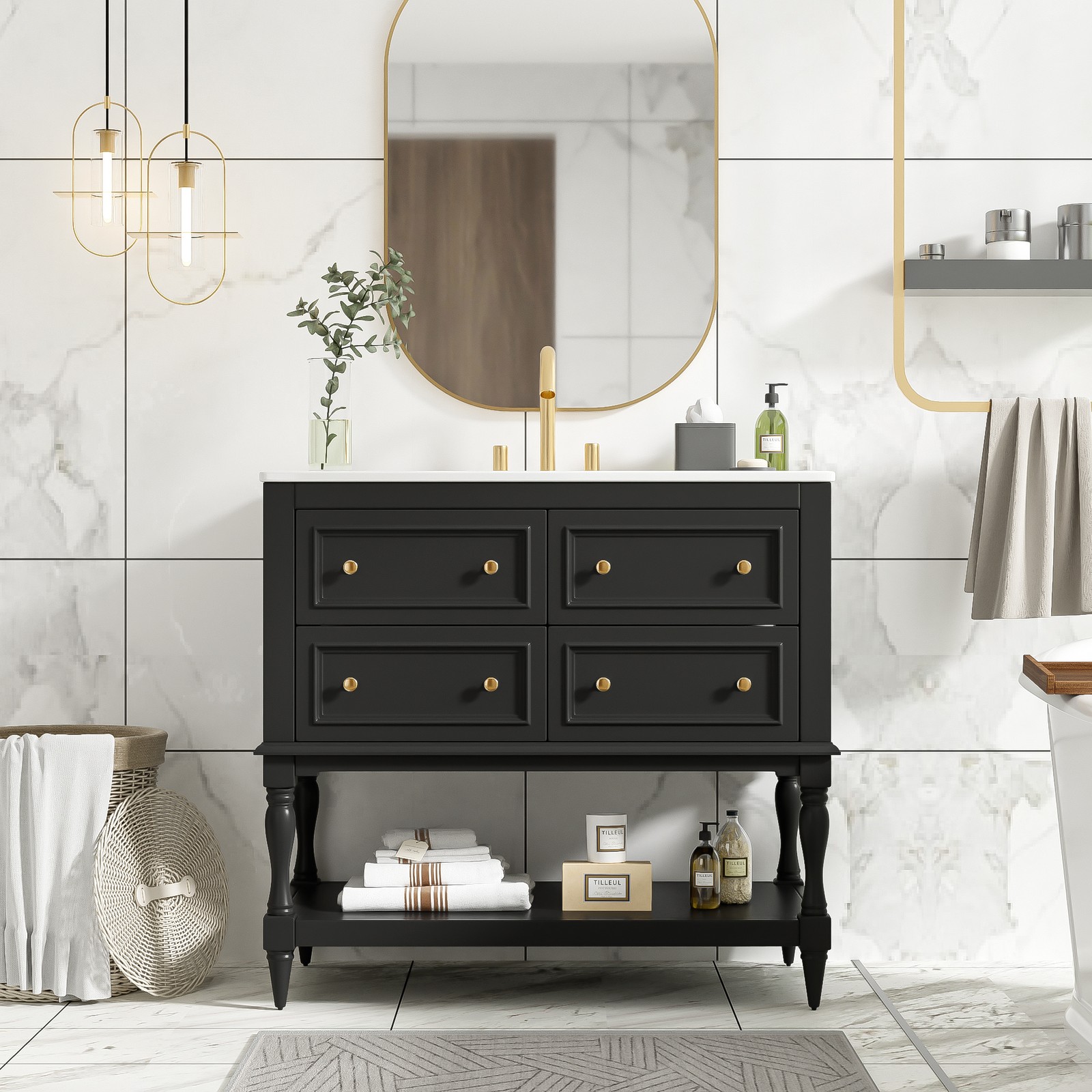 36″ Bathroom Vanity Cabinet with Sink Combo Set, 4 Drawers, Black