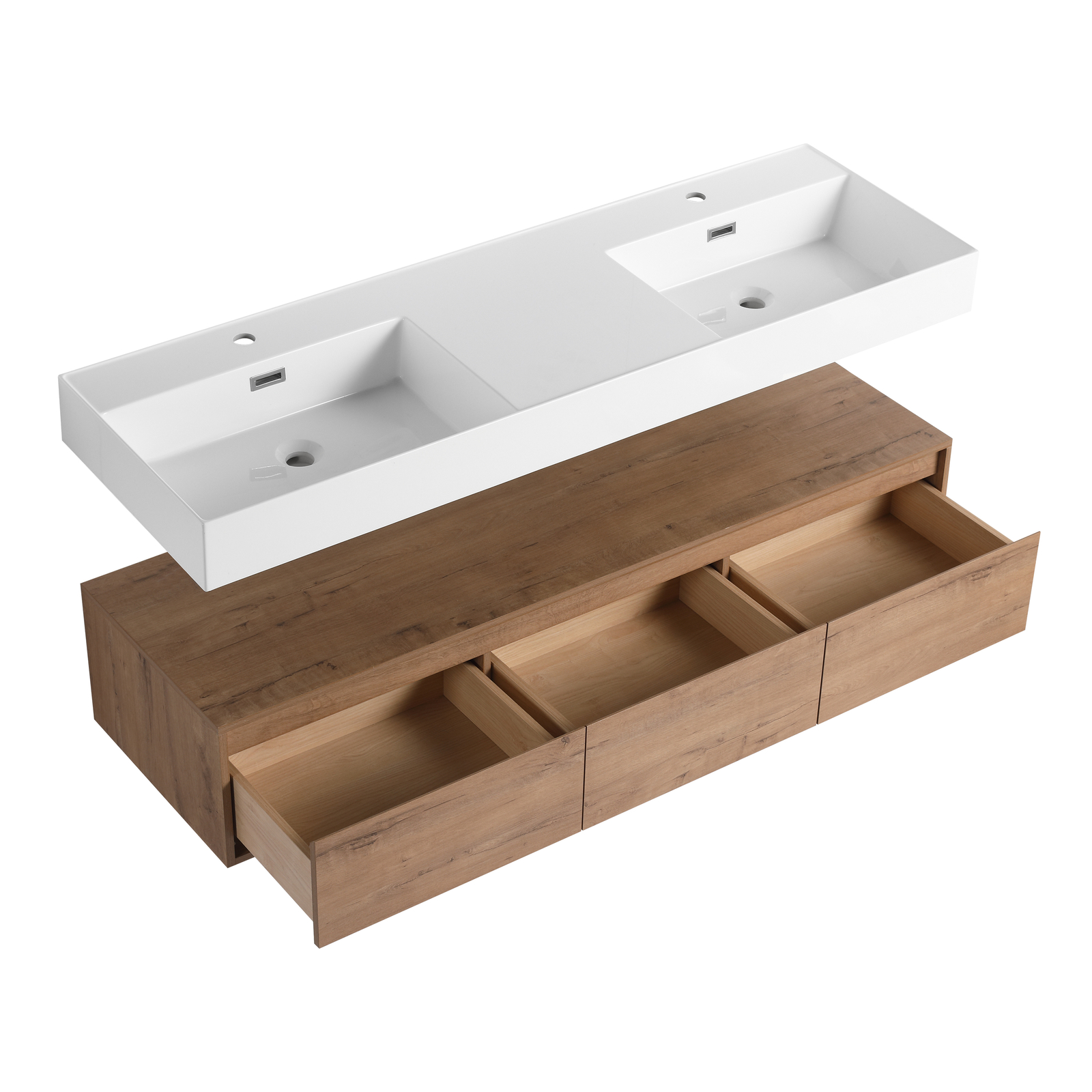 60″ Wood Floating Wall Mounted Bathroom Vanity with Double Resin Sink +3Drawers