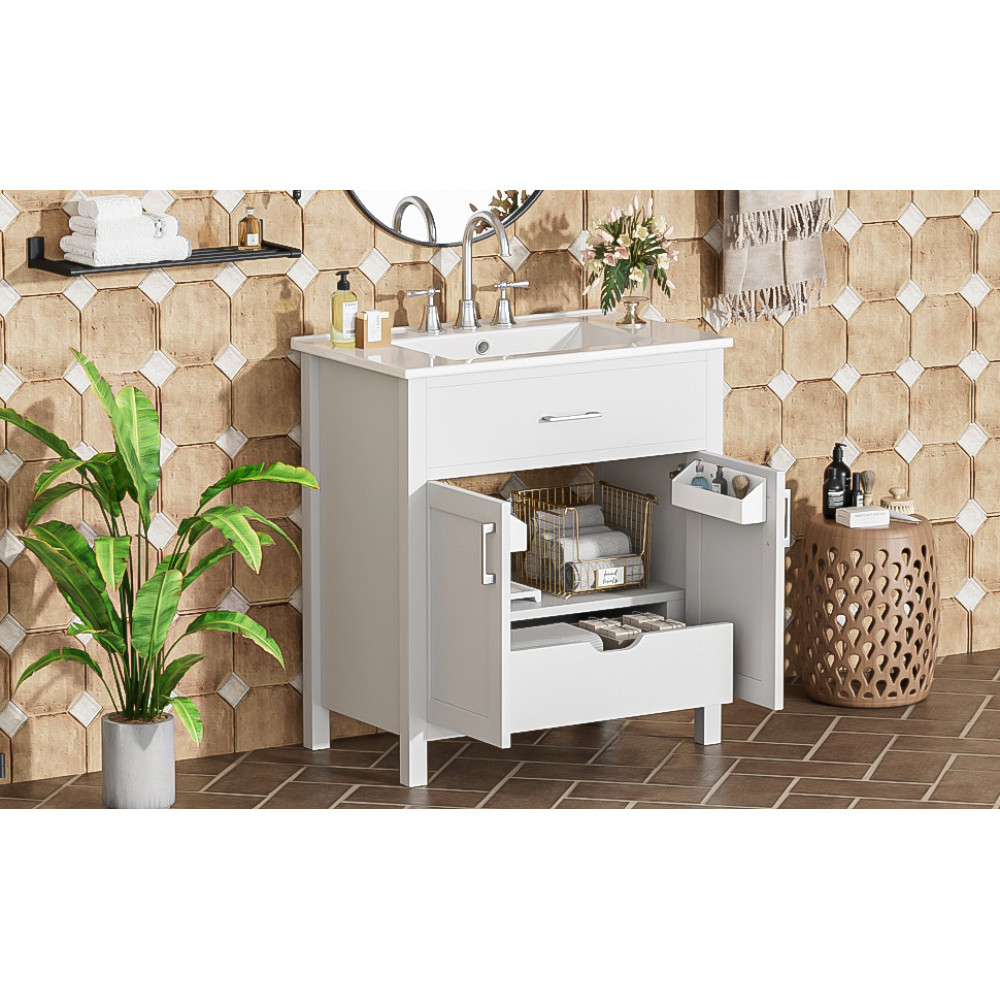 30″ Bathroom Vanity Ceramic Sink Soft Close 2 Door Drawer Silver Storage Cabinet