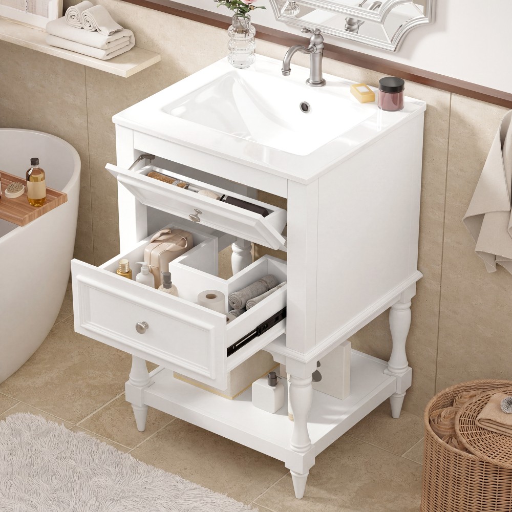 20” Retro Design Bathroom Vanity with Ceramic Sink, Open Shelf , 2 Drawers