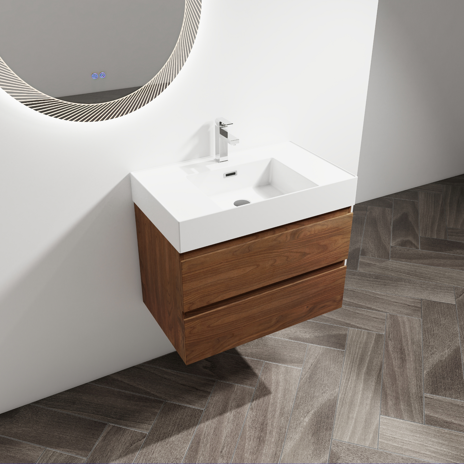 30″ Wall-Mounted Bathroom Vanity Cabinet W/Resin Sink 2-Soft Close Drawers Brown