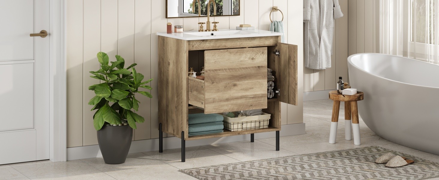 30″ Modern Wood Bathroom Vanity w/Ceramic Sink Bathroom Storage Cabinet，Drawer