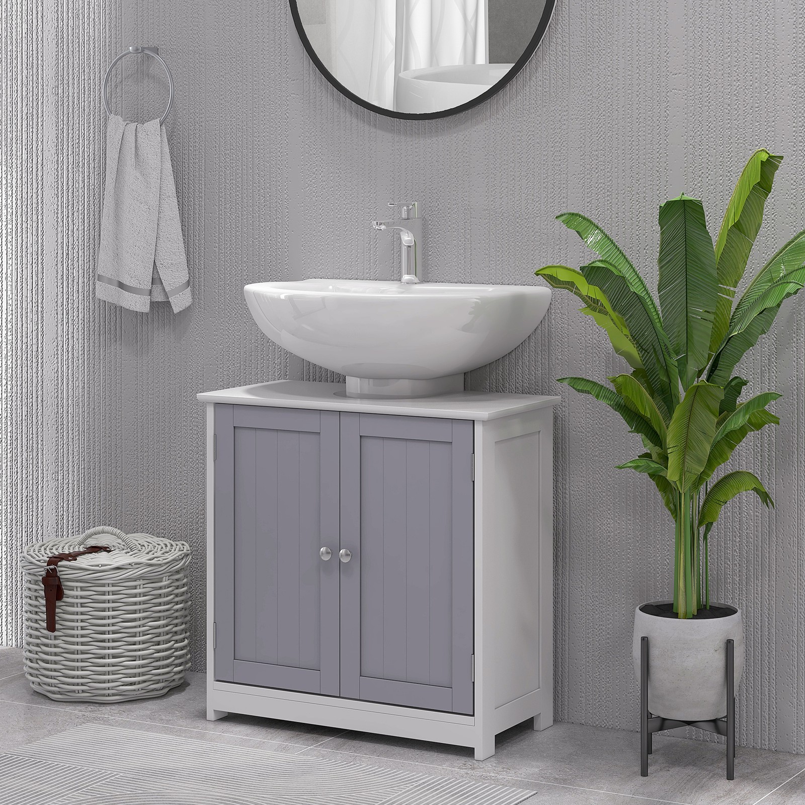 Under Sink Storage Cabinet, White & Gray Bathroom Vanity w/ Adjustable Shelf,