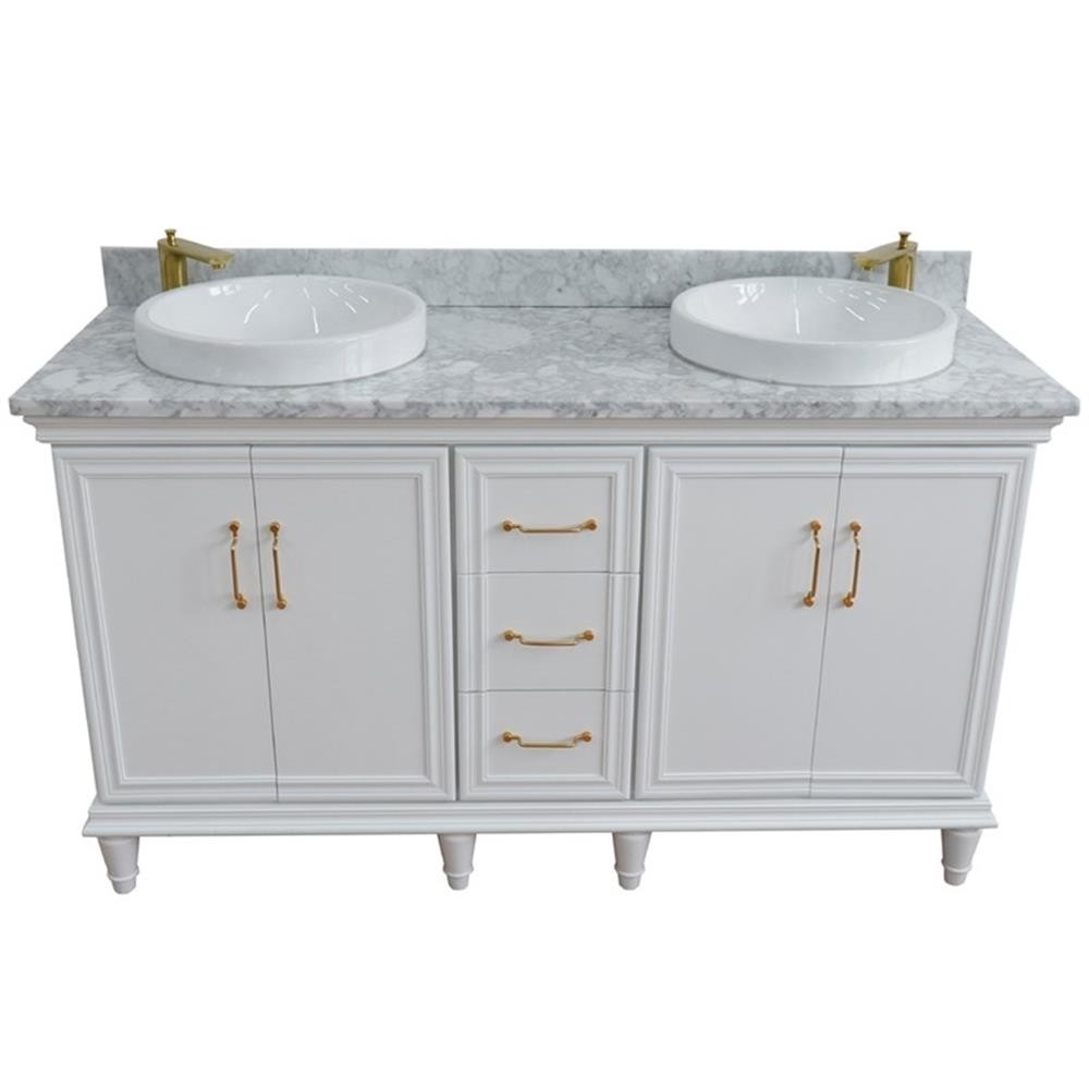 61 in. Double Wooden Vanity White White Carrara Marble Round Sink