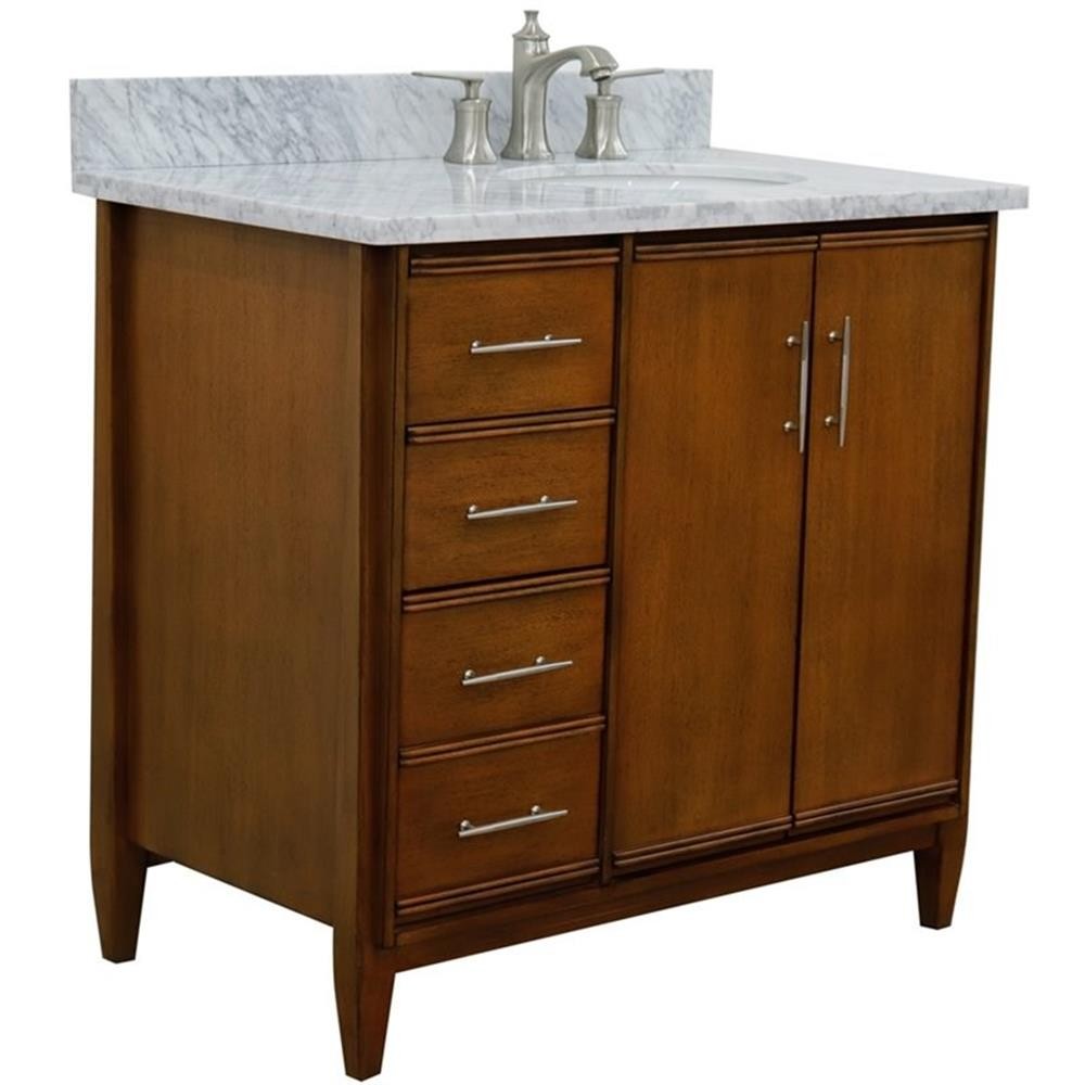 MCM Solid Wood Single Vanity with Right Oval Sink in Walnut/White Carrara