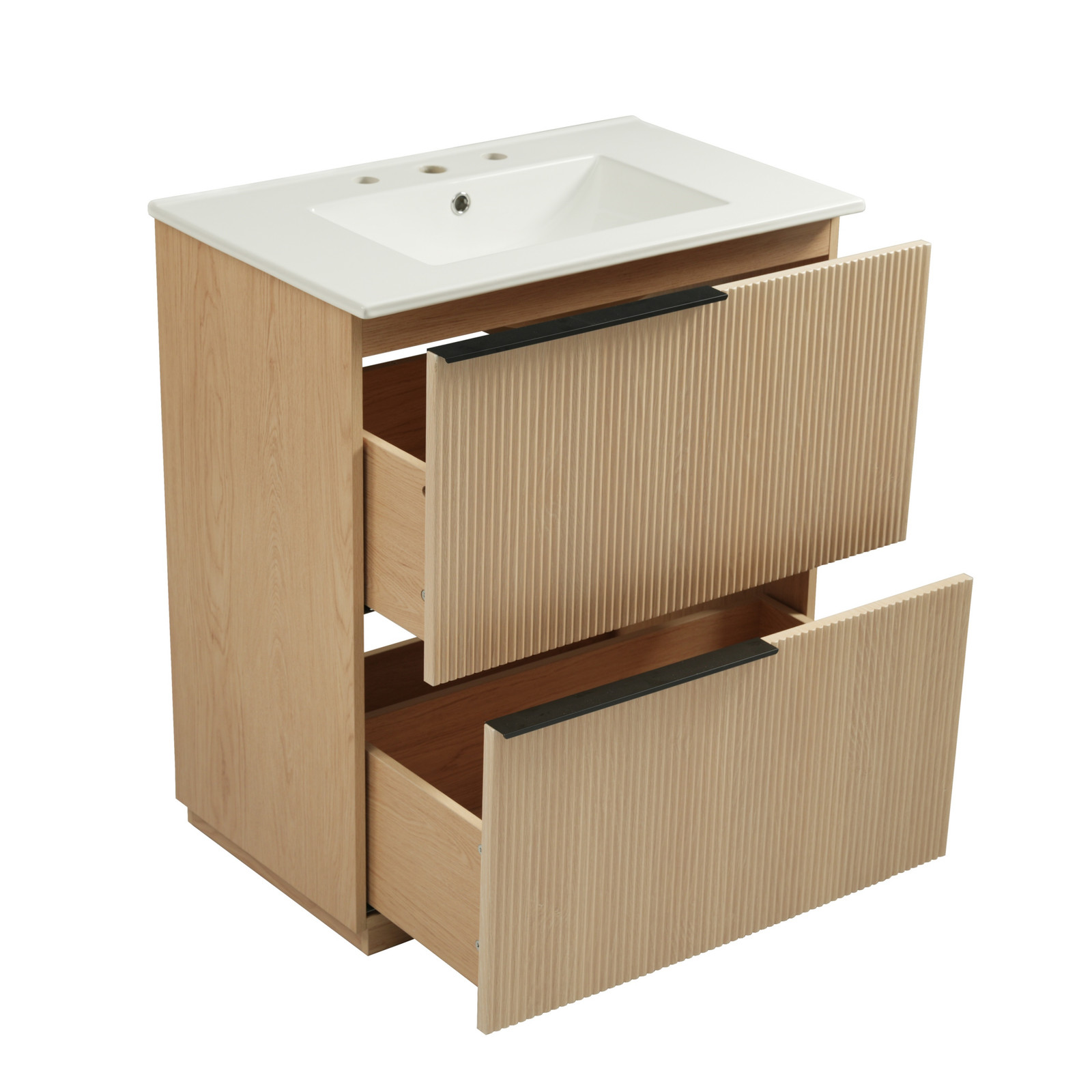 30″ Bathroom Vanity with Ceramic Sink, Soft Close Drawers, Fluted Design