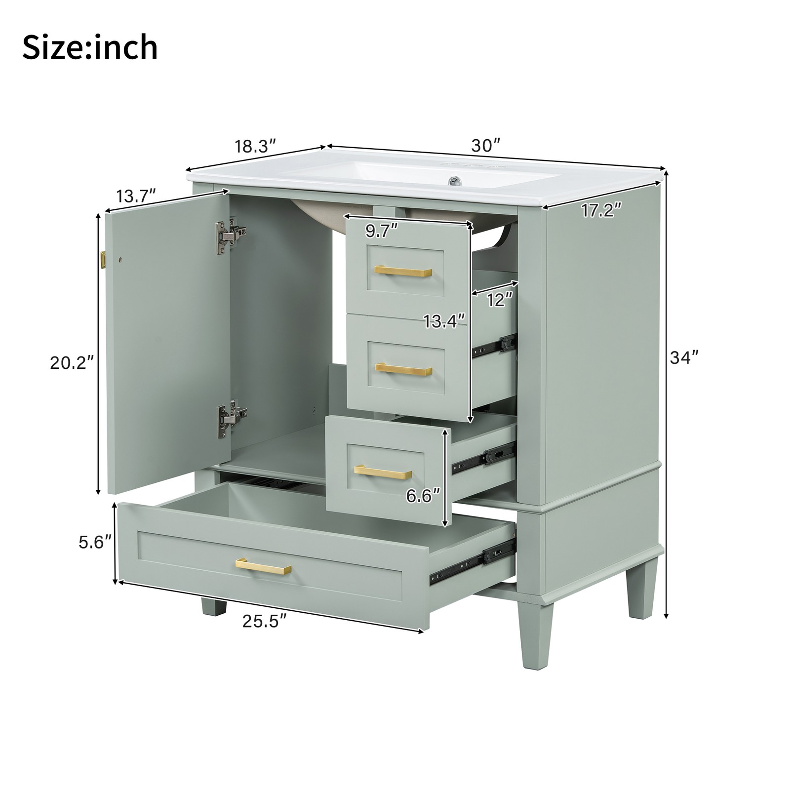 30″ Bathroom Vanity with Sink, Solid Wood Frame, Sage Green
