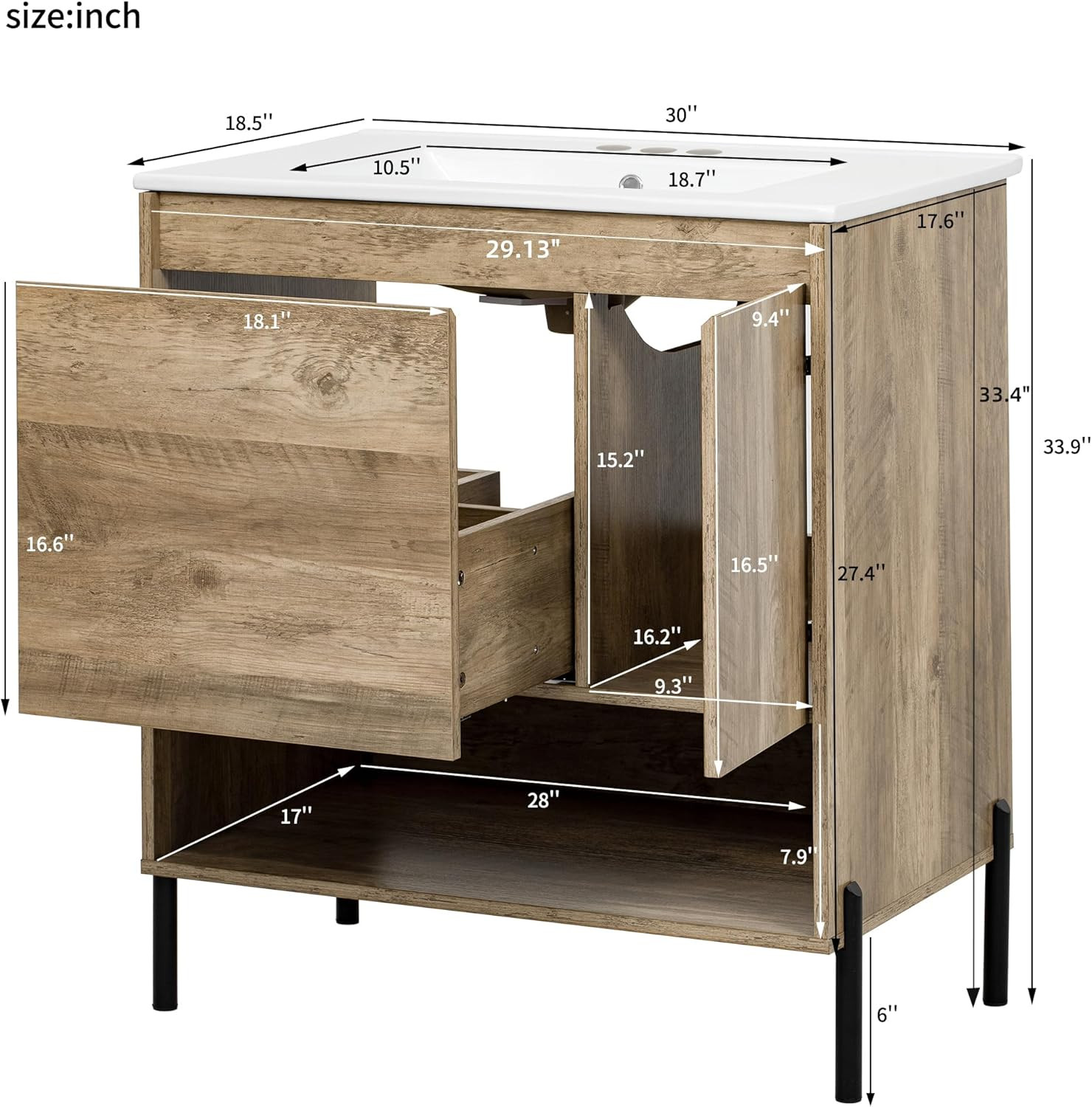 30″ Modern Wood Bathroom Vanity with Ceramic Sink & Sliding Drawer, Natural Fini