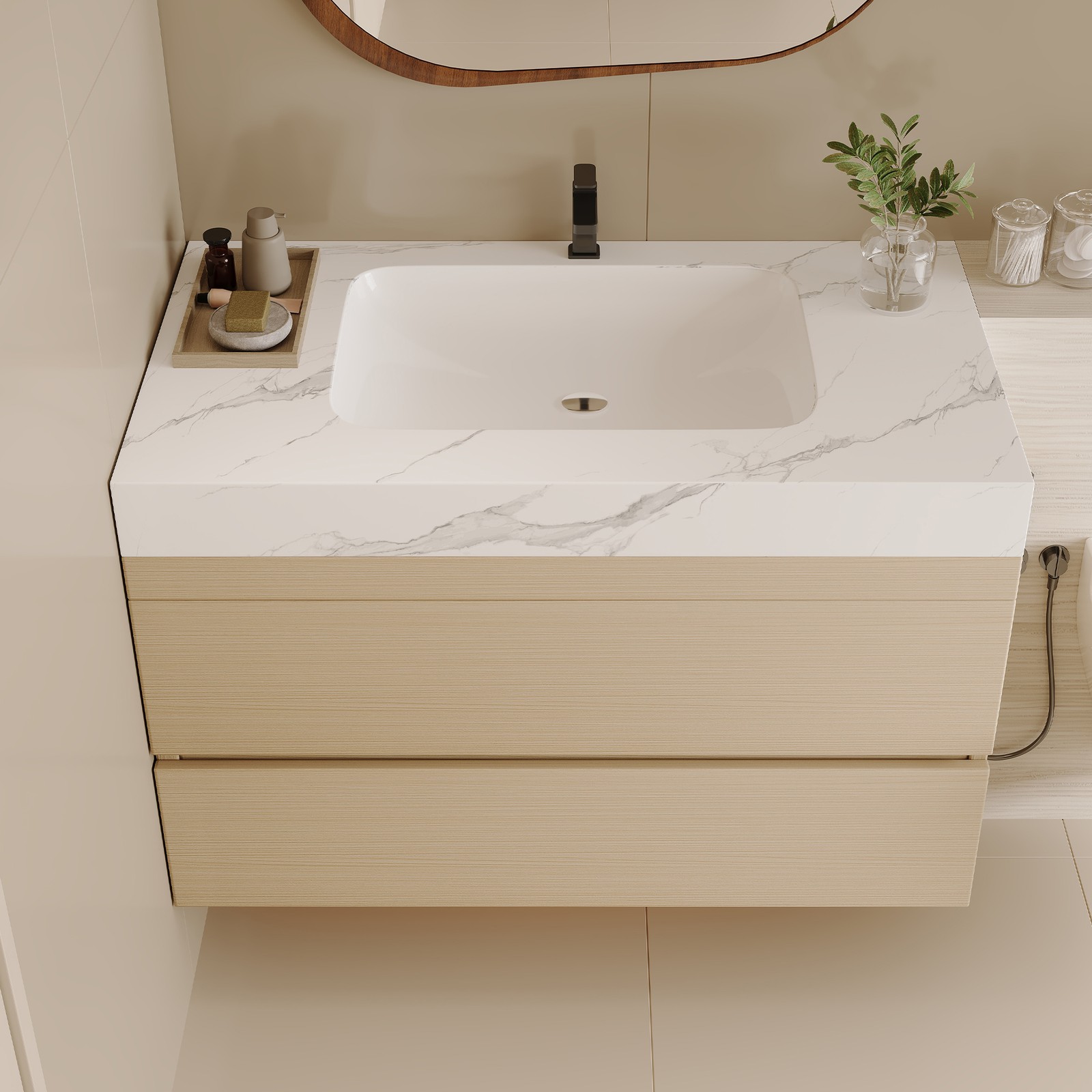 29.9″ Modern Floating Bathroom Vanity with Faux Marble Top and Ceramic Sink
